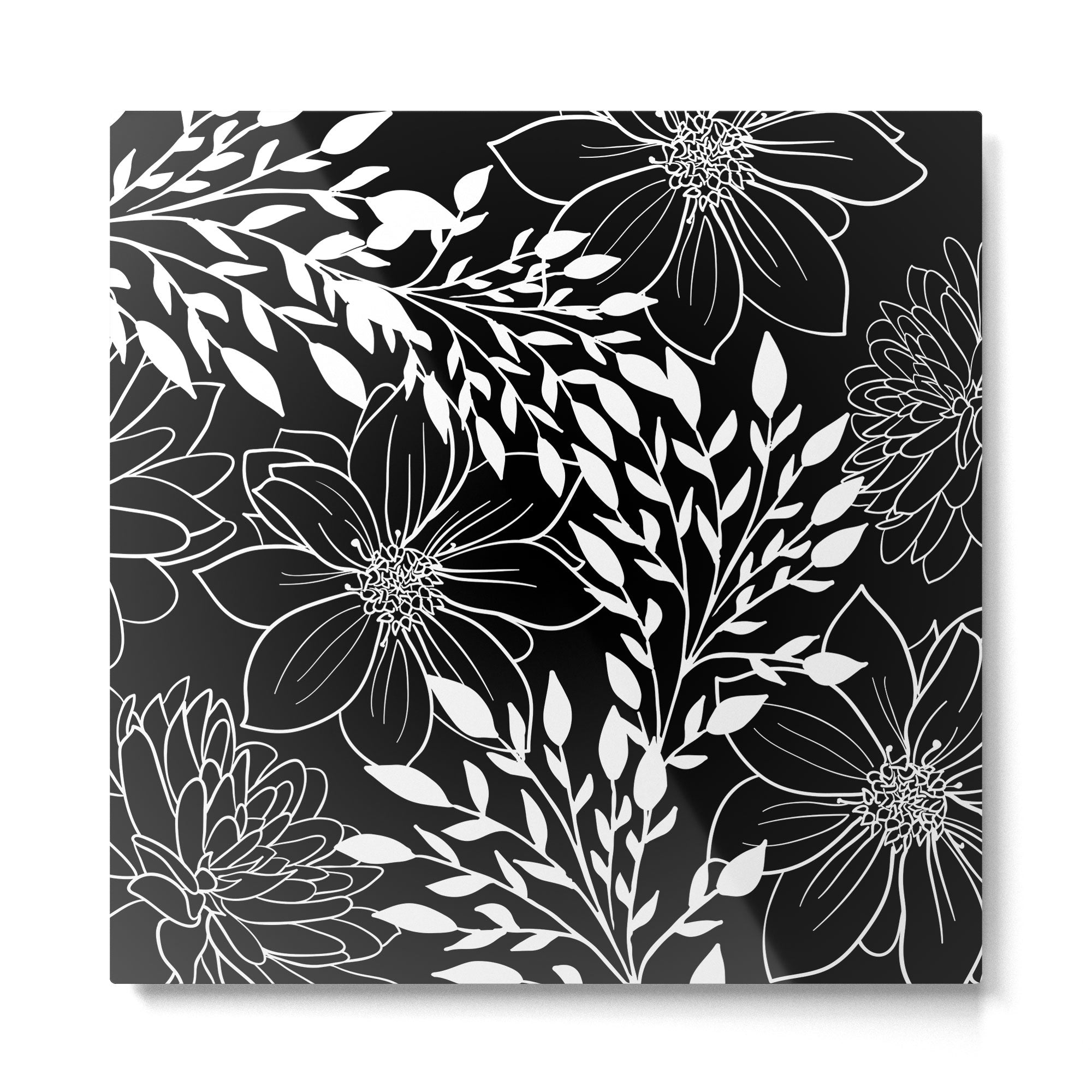 Floral Prints and Leaves, Line Art, Black and White Metal Print | TeksDecor