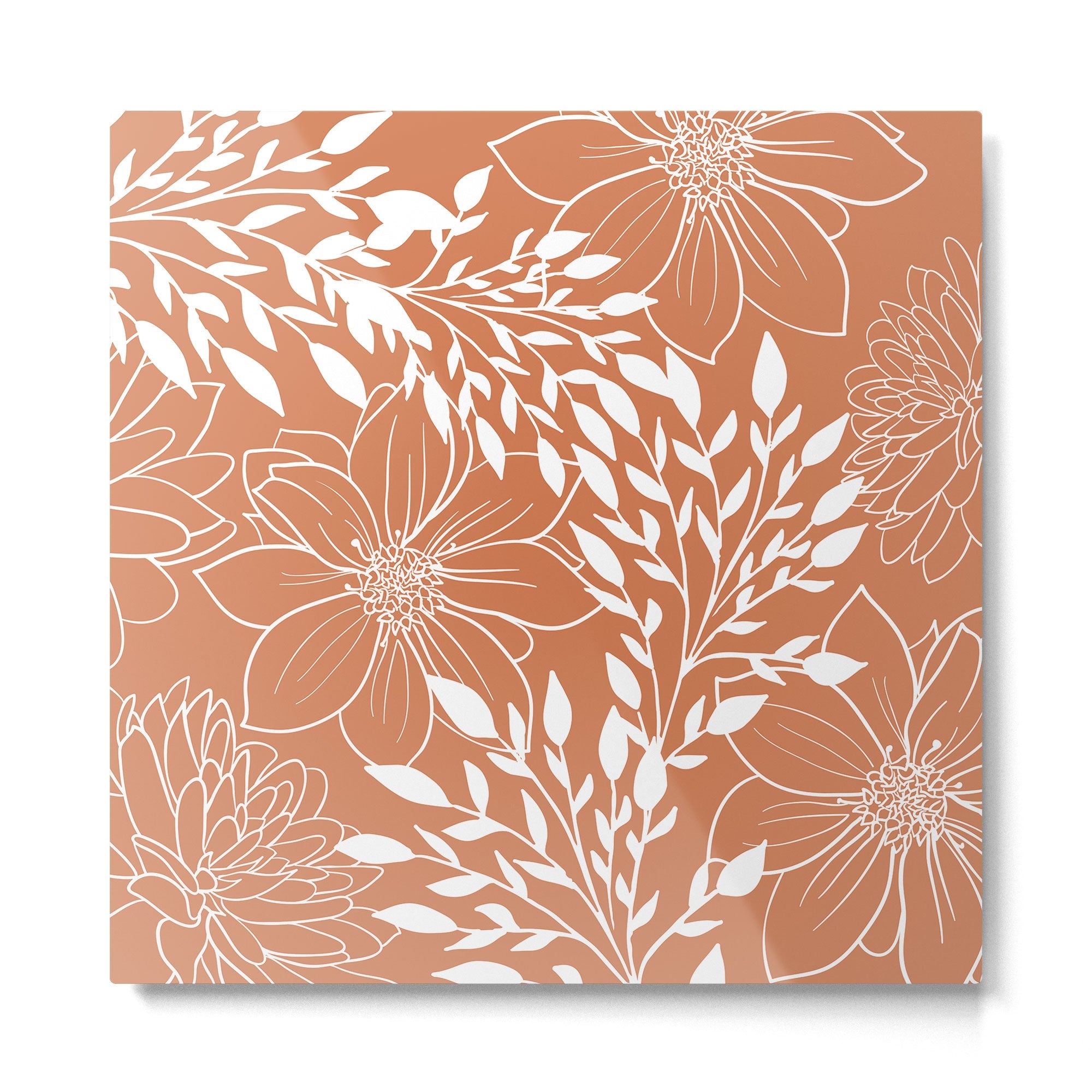Floral Prints and Leaves, Line Art, Terracotta Metal Print | TeksDecor