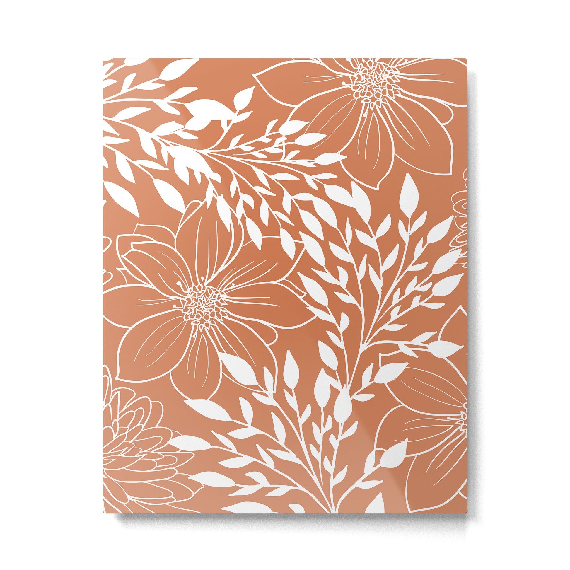 Floral Prints and Leaves, Line Art, Terracotta Metal Print | TeksDecor