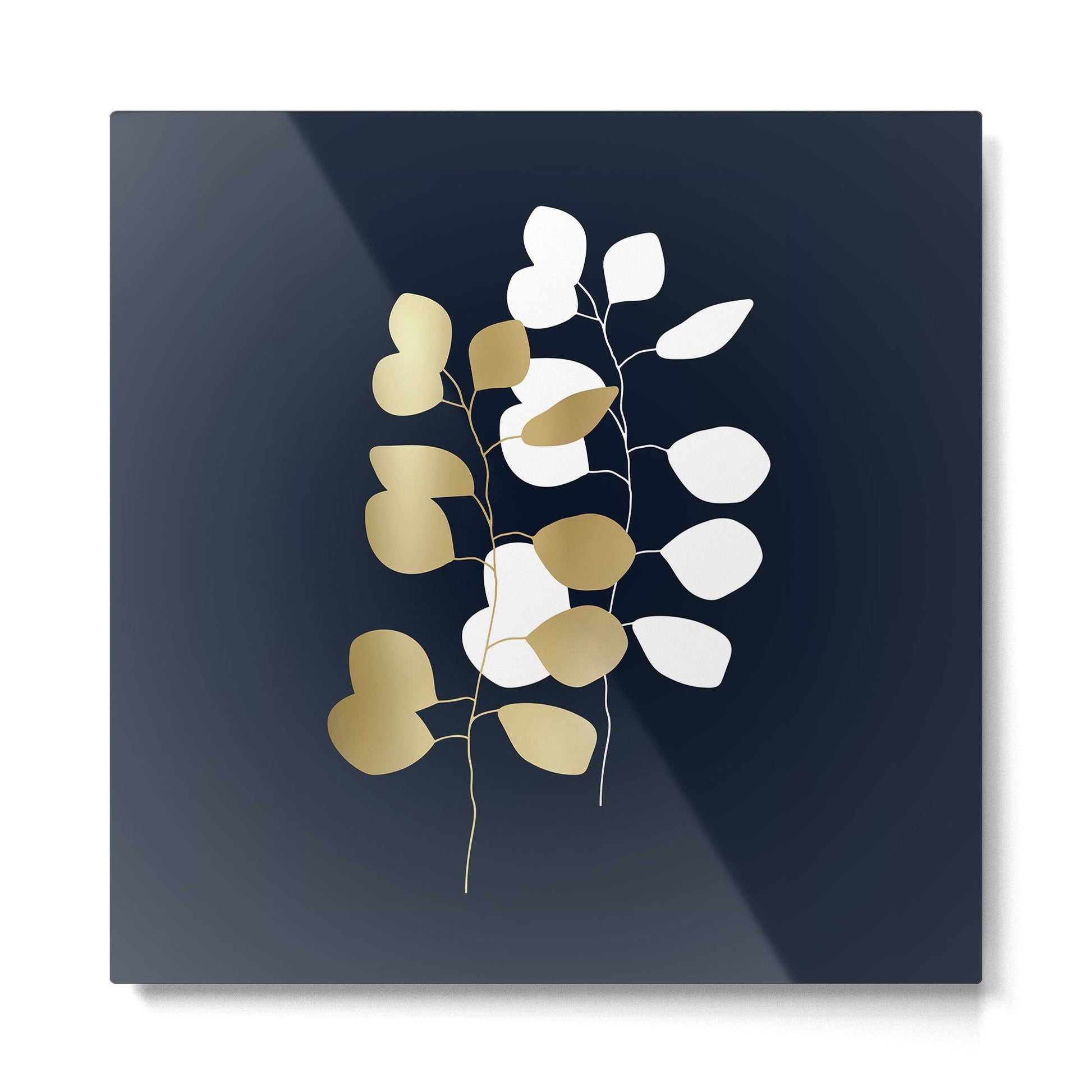 Leaf Duo, Gold and White on Navy Blue Metal Print | TeksDecor