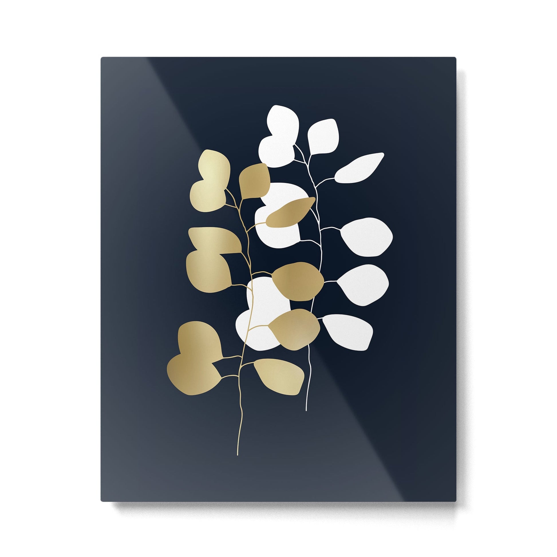 Leaf Duo, Gold and White on Navy Blue Metal Print | TeksDecor