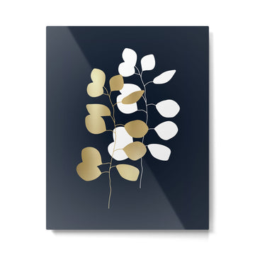 Leaf Duo, Gold and White on Navy Blue Metal Print | TeksDecor