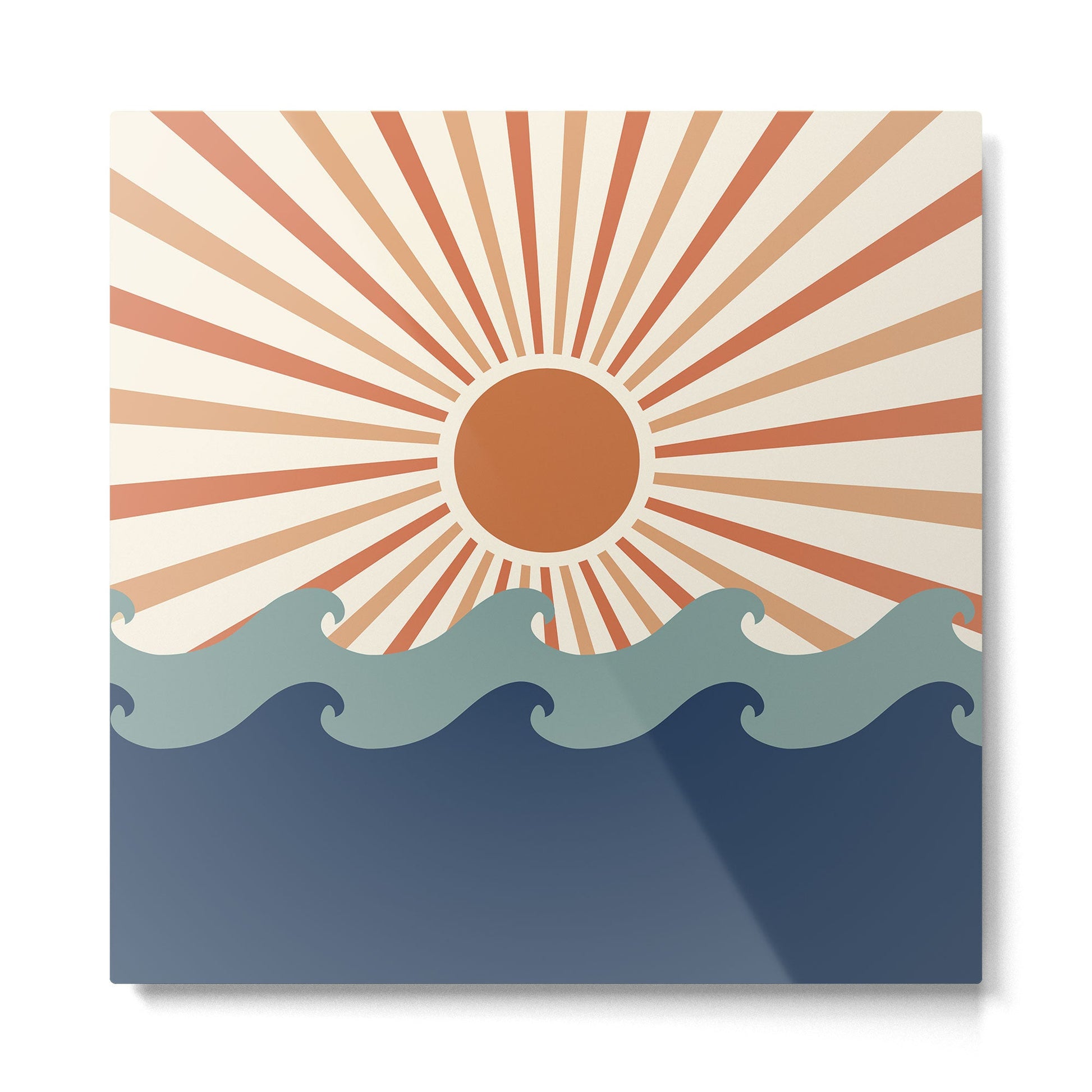 Retro, Sun and Wave Art, Blue and Orange Metal Print | TeksDecor