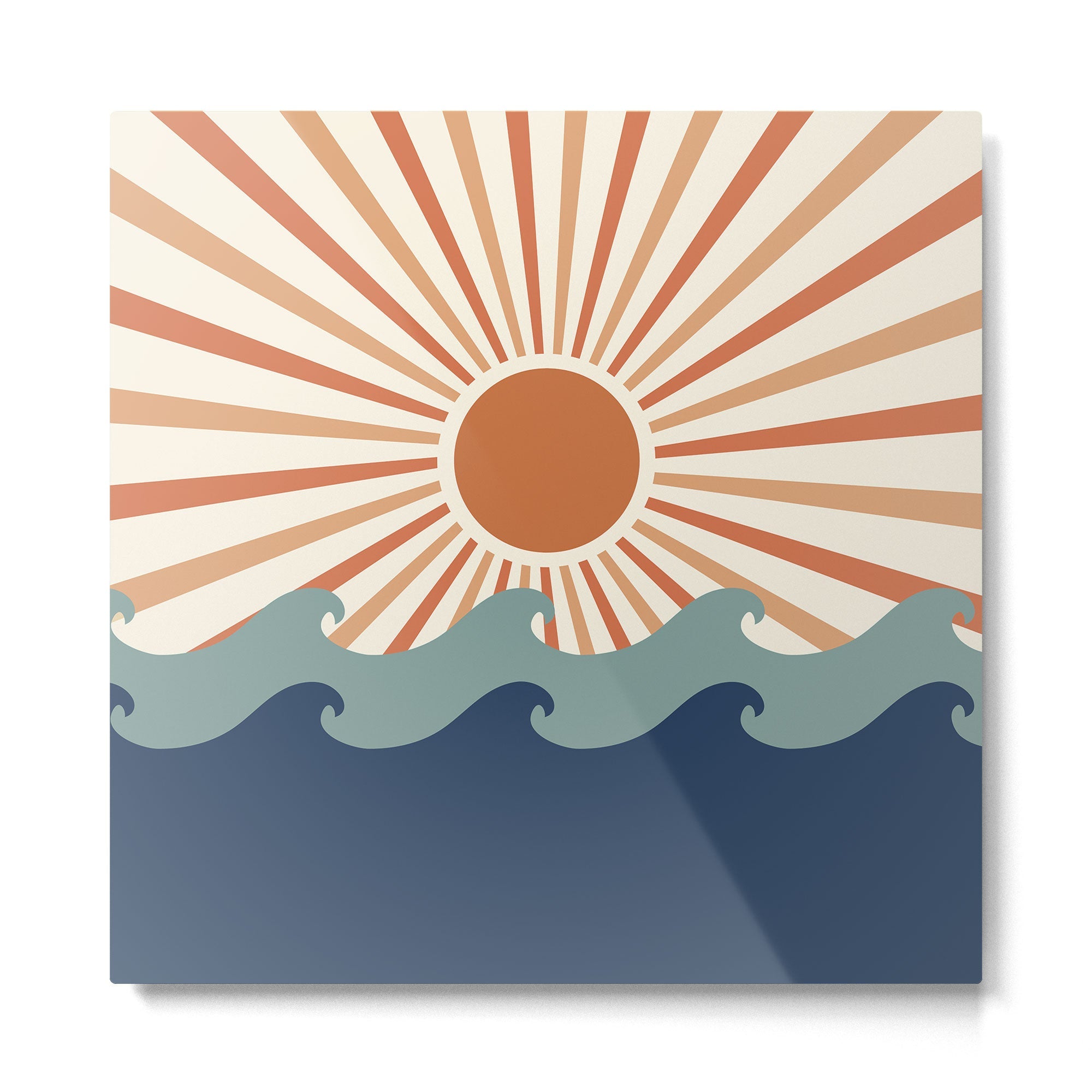 Retro, Sun and Wave Art, Blue and Orange Metal Print | TeksDecor