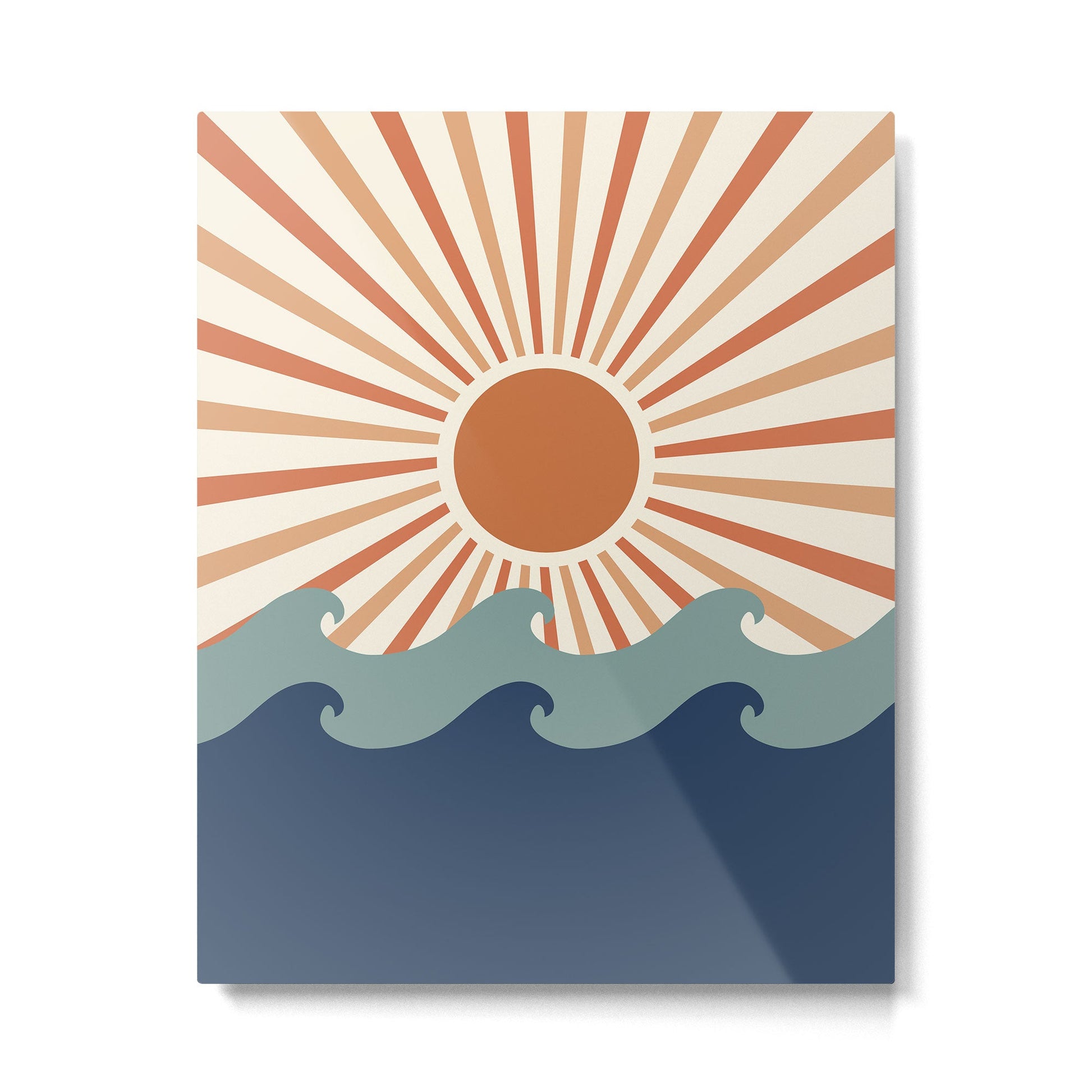 Retro, Sun and Wave Art, Blue and Orange Metal Print | TeksDecor