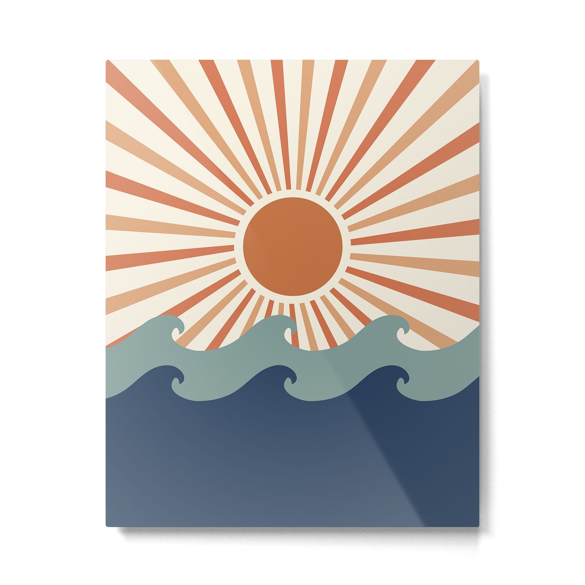 Retro, Sun and Wave Art, Blue and Orange Metal Print | TeksDecor