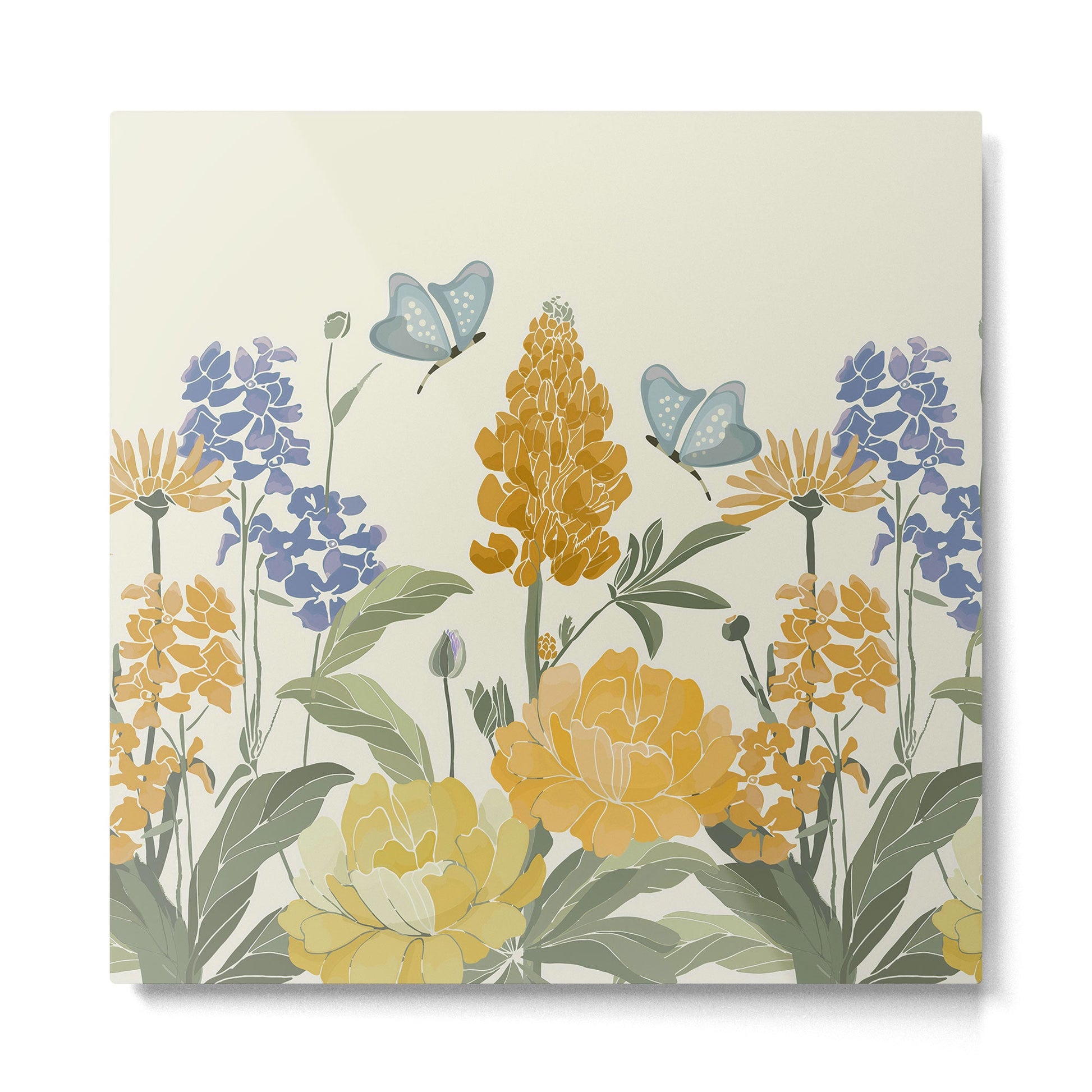 Wildflowers and Butterflies, Floral Prints, Yellow and Blue Metal Print | TeksDecor