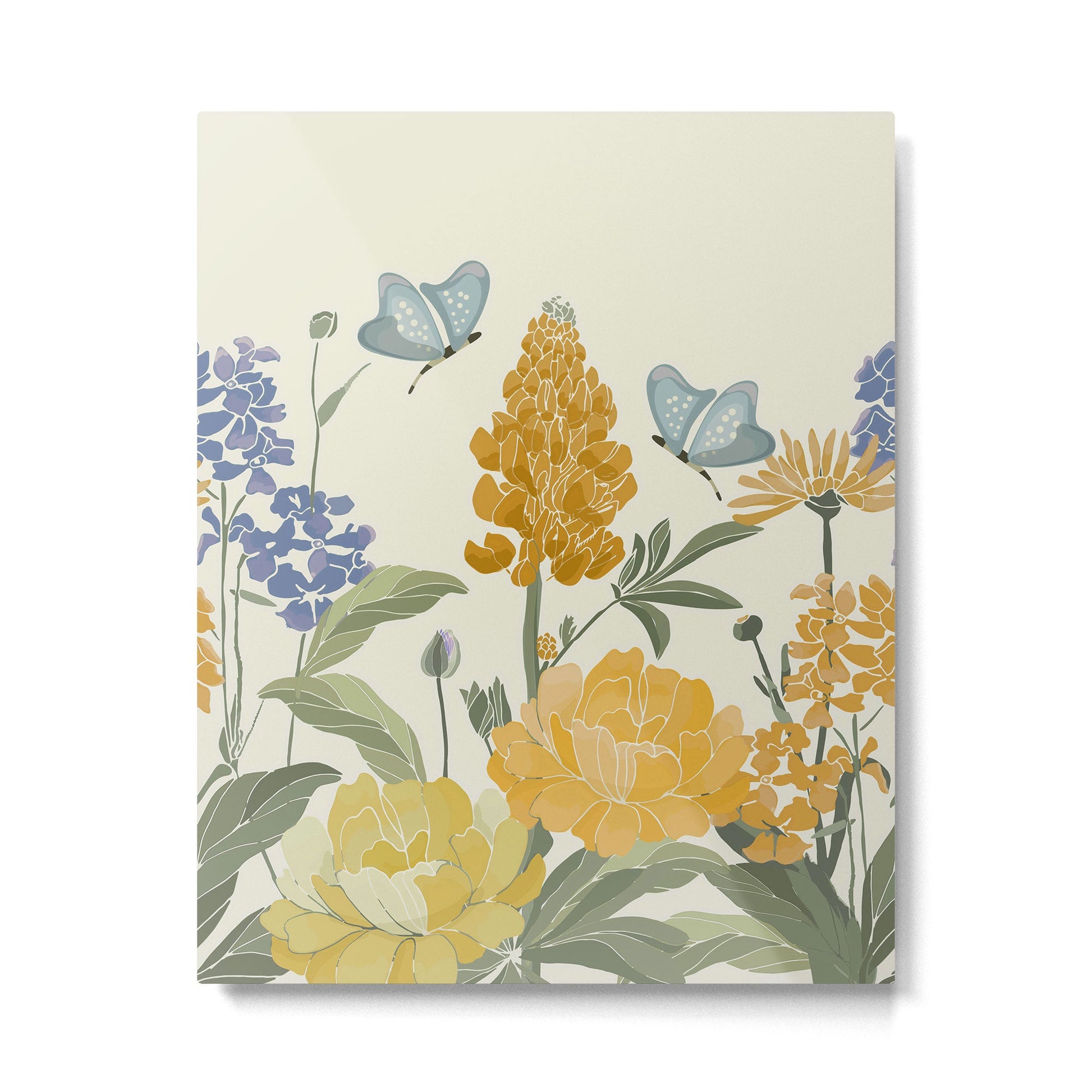 Wildflowers and Butterflies, Floral Prints, Yellow and Blue Metal Print | TeksDecor