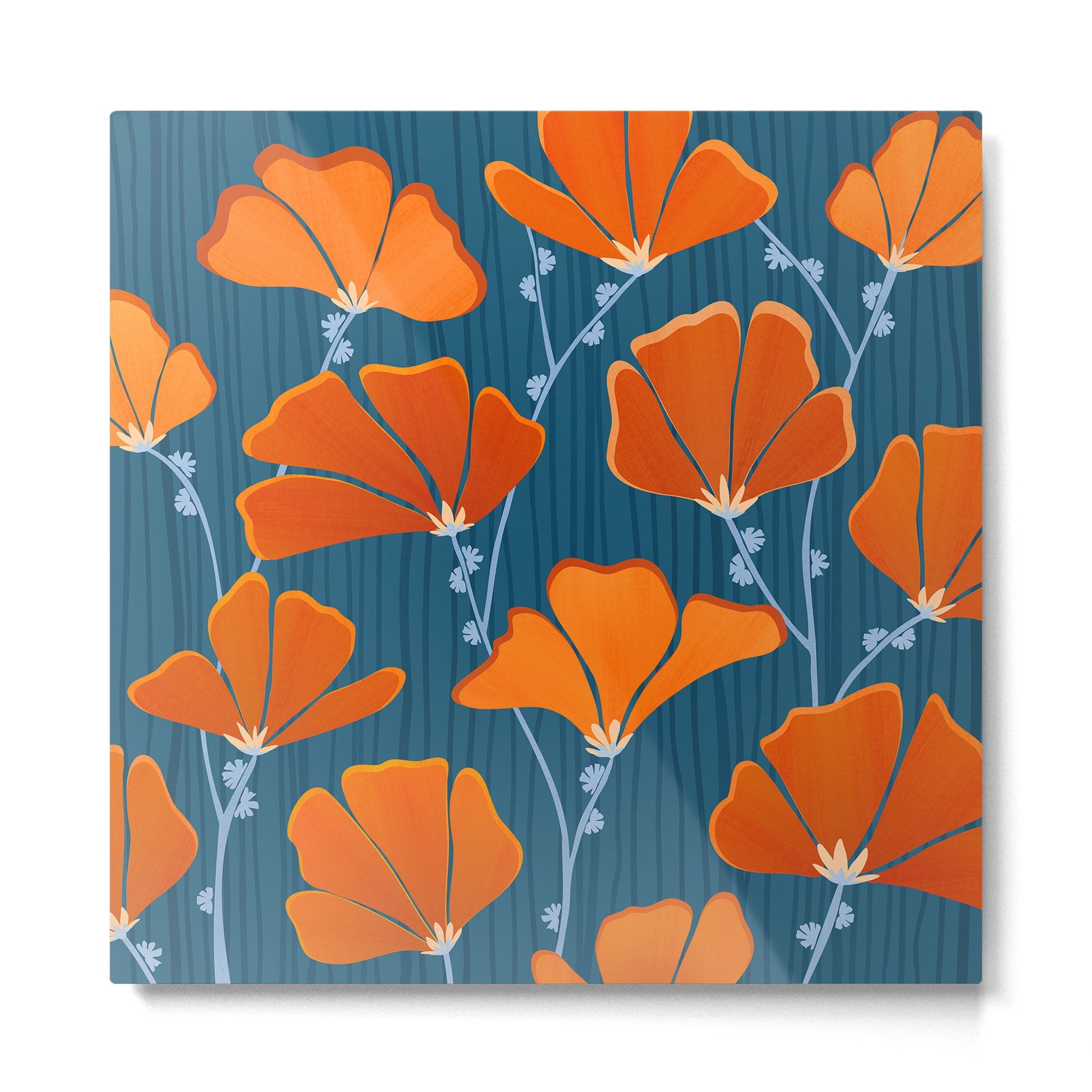 Festive Deco Flowers - Orange and Blue Floral Pattern Metal Print | TeksDecor