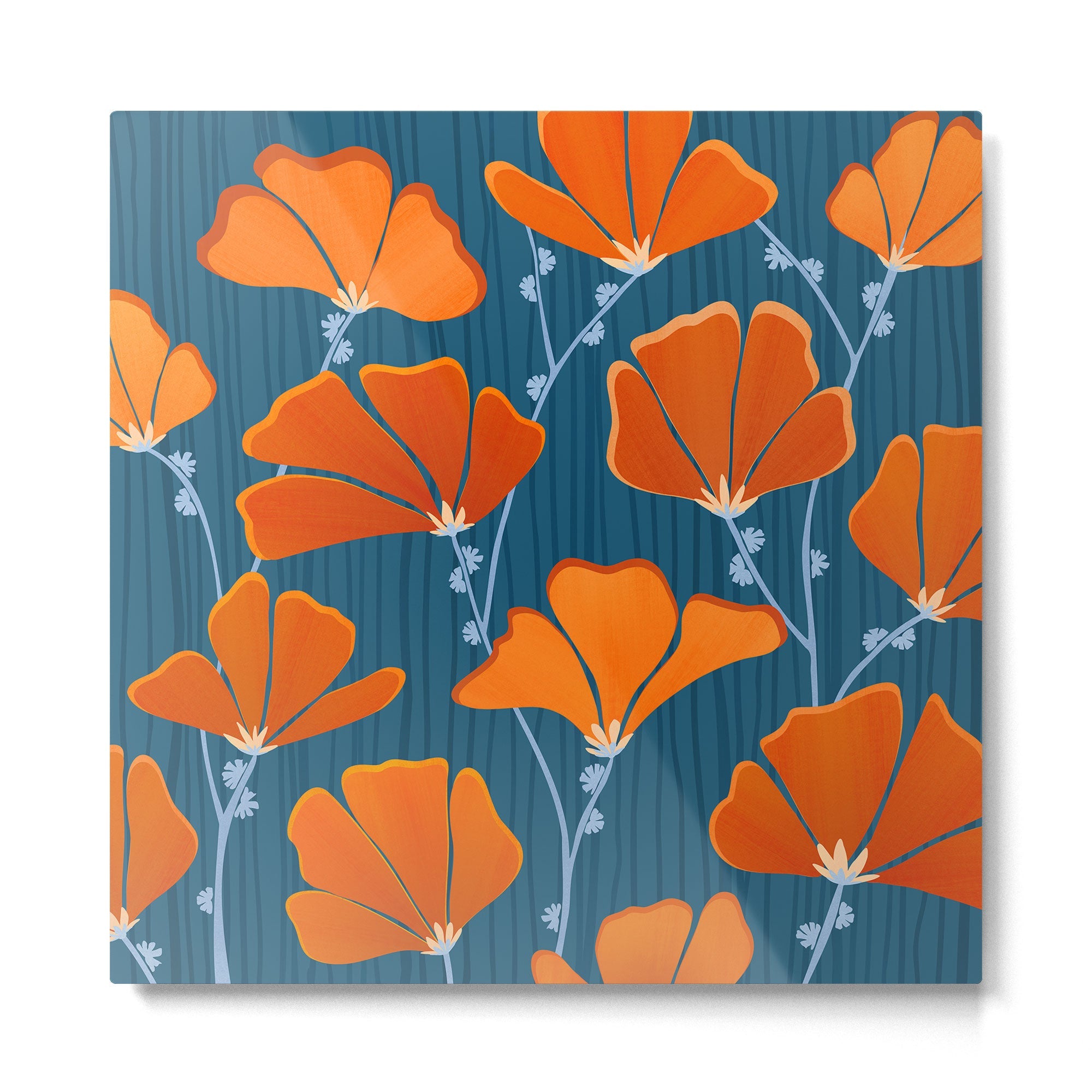 Festive Deco Flowers - Orange and Blue Floral Pattern Metal Print | TeksDecor
