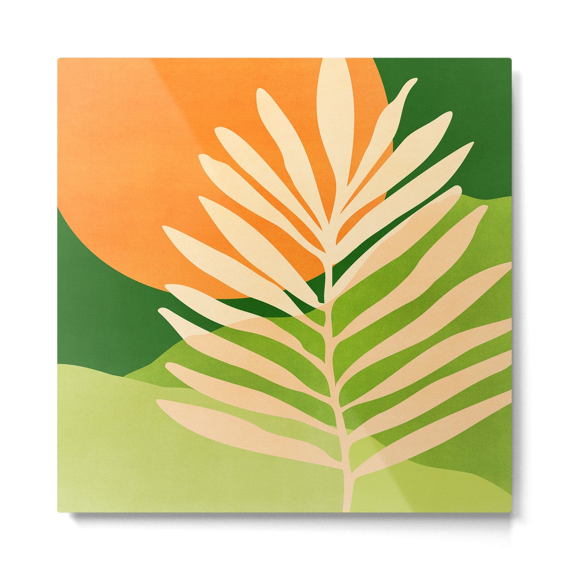 Sunny Palm Frond in Orange and Green Metal Print | TeksDecor