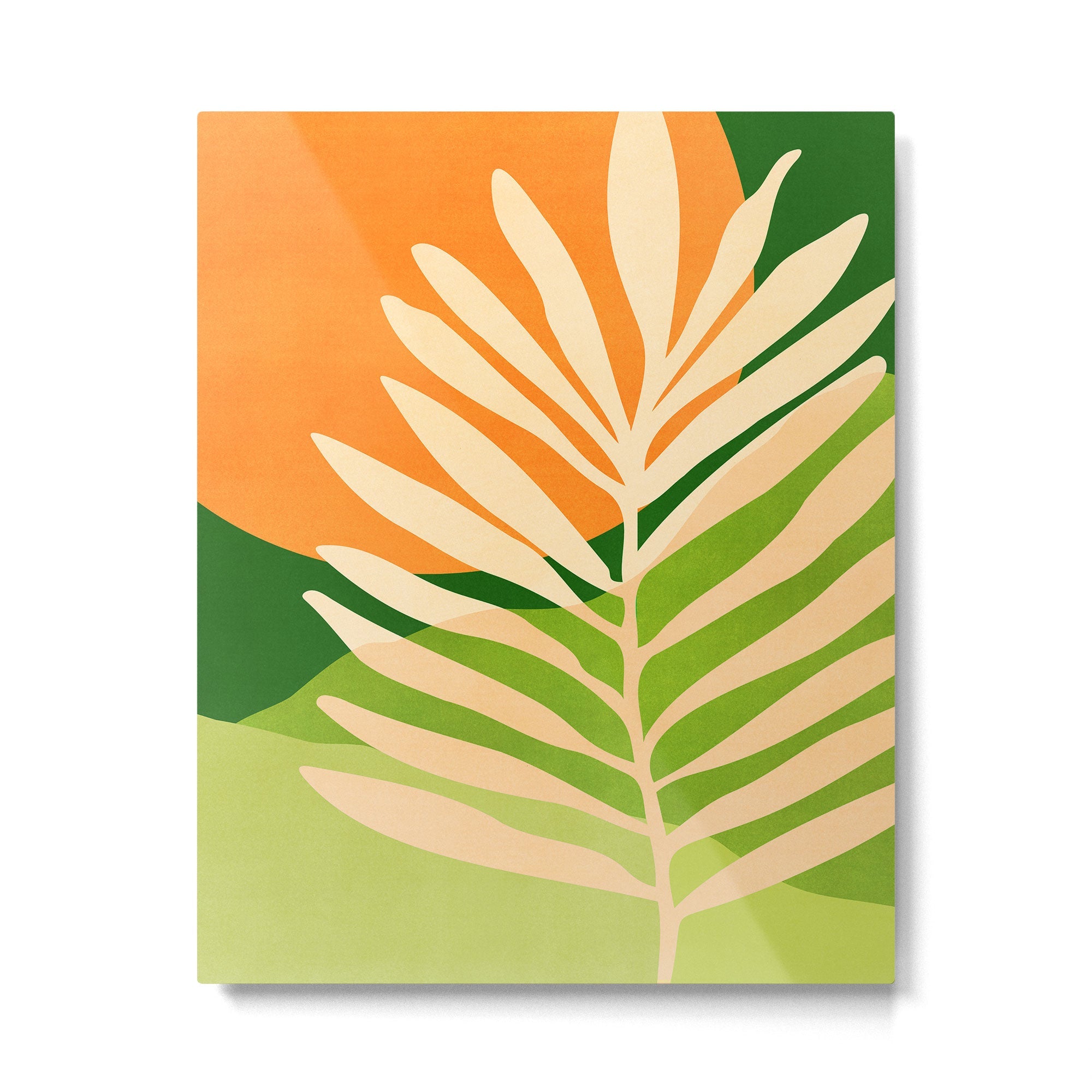 Sunny Palm Frond in Orange and Green Metal Print | TeksDecor