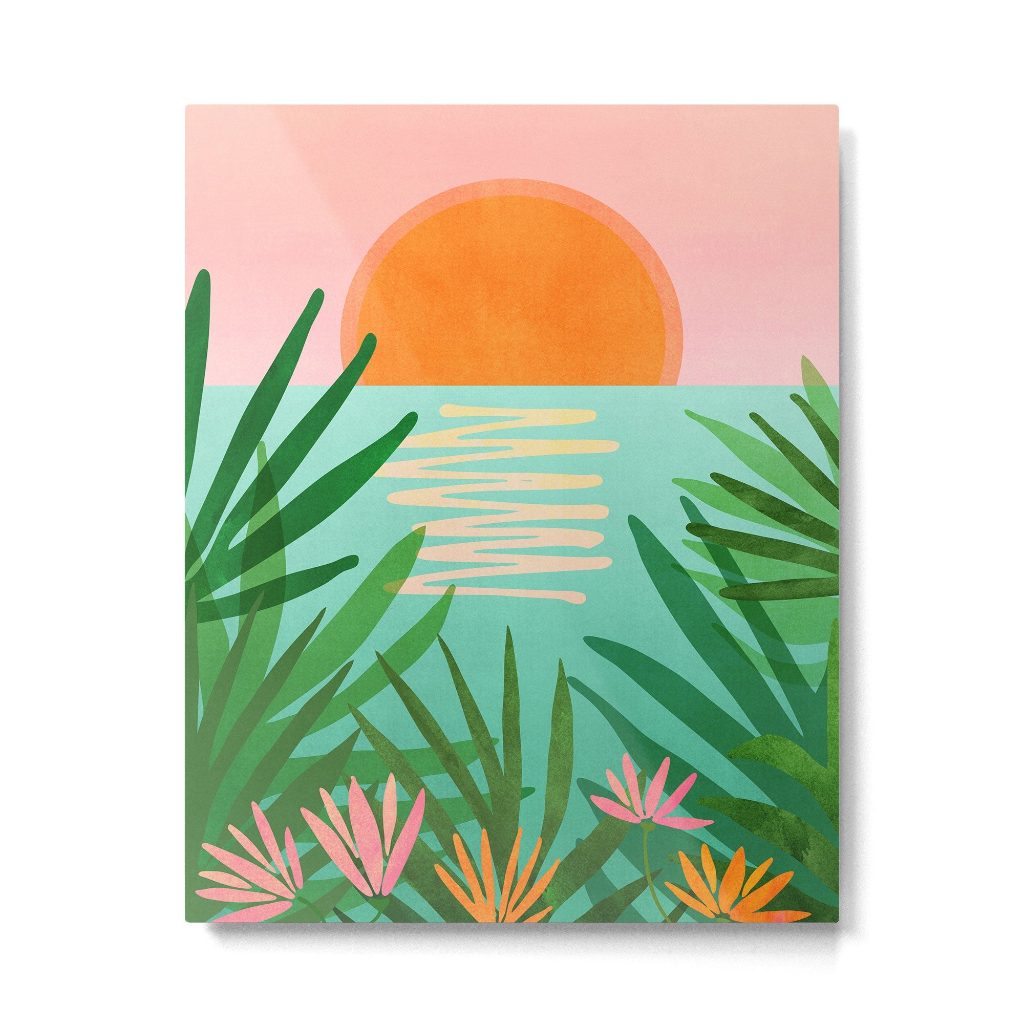 Tropical Views - Pink and Green Landscape Illustration Metal Print | TeksDecor
