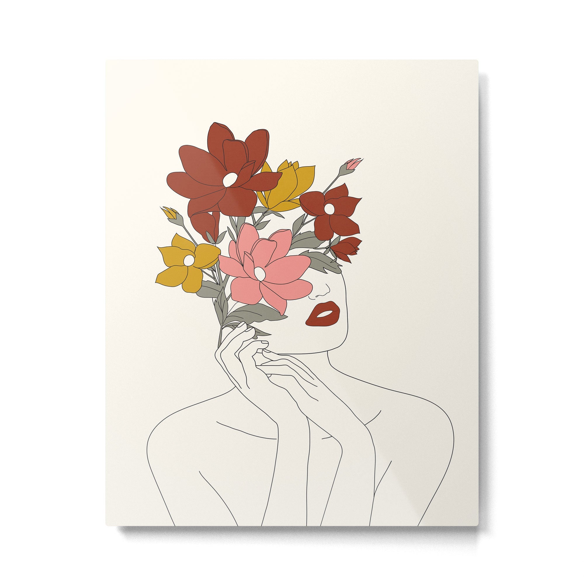 Colorful Thoughts Minimal Line Art Woman with Magnolia Metal Print | TeksDecor
