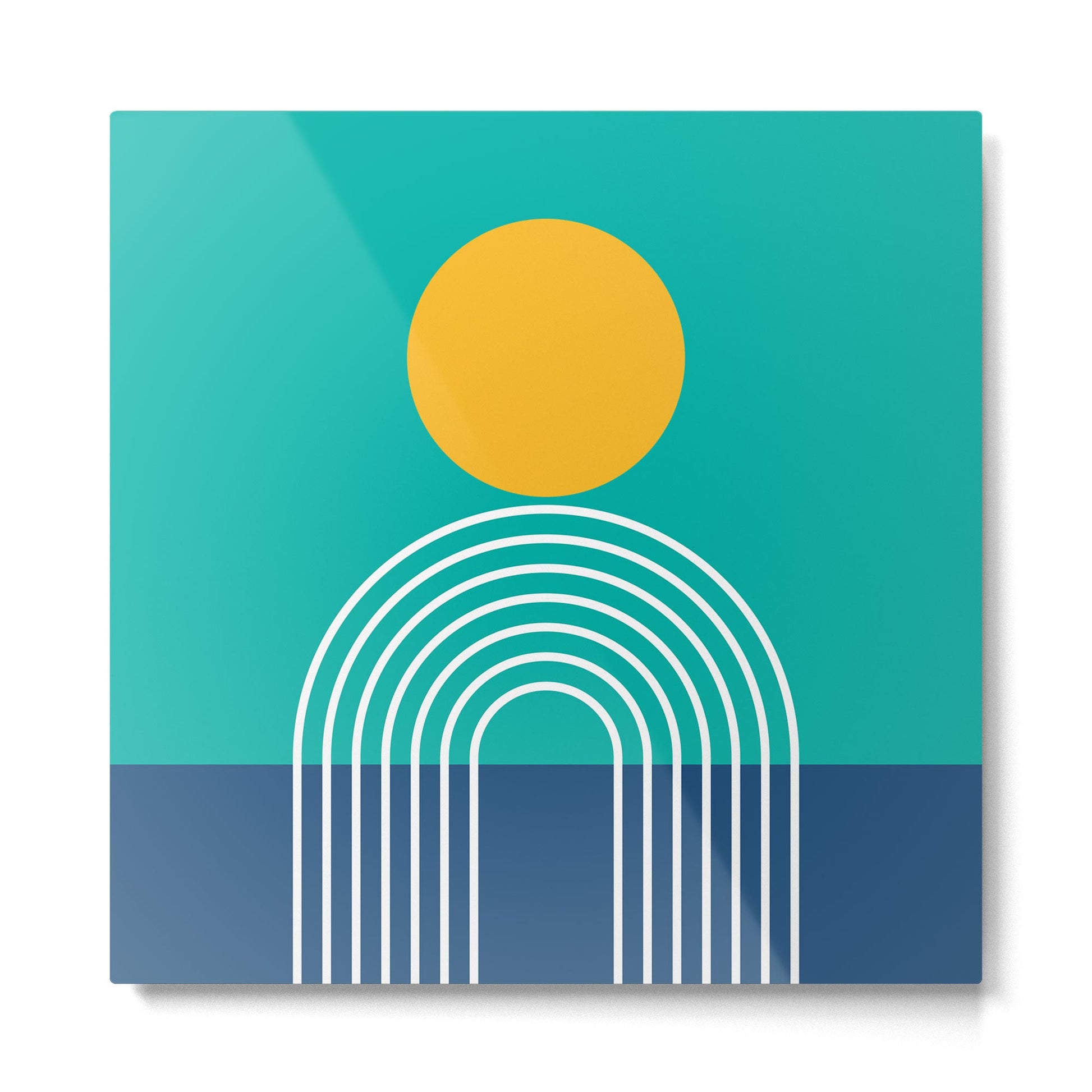 Geometric Lines in Blue Teal Yellow (Sun and Rainbow abstraction) Metal Print | TeksDecor