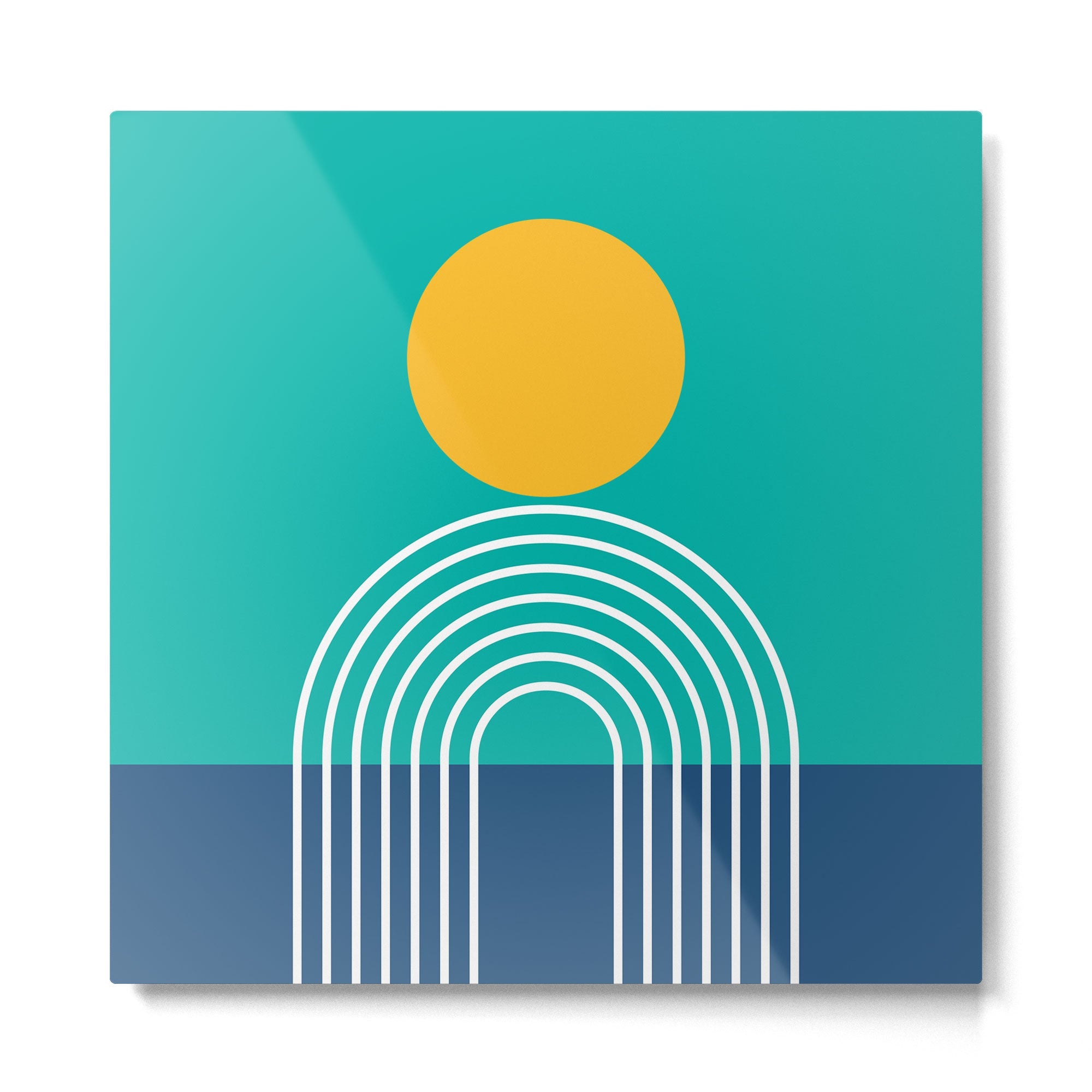 Geometric Lines in Blue Teal Yellow (Sun and Rainbow abstraction) Metal Print | TeksDecor