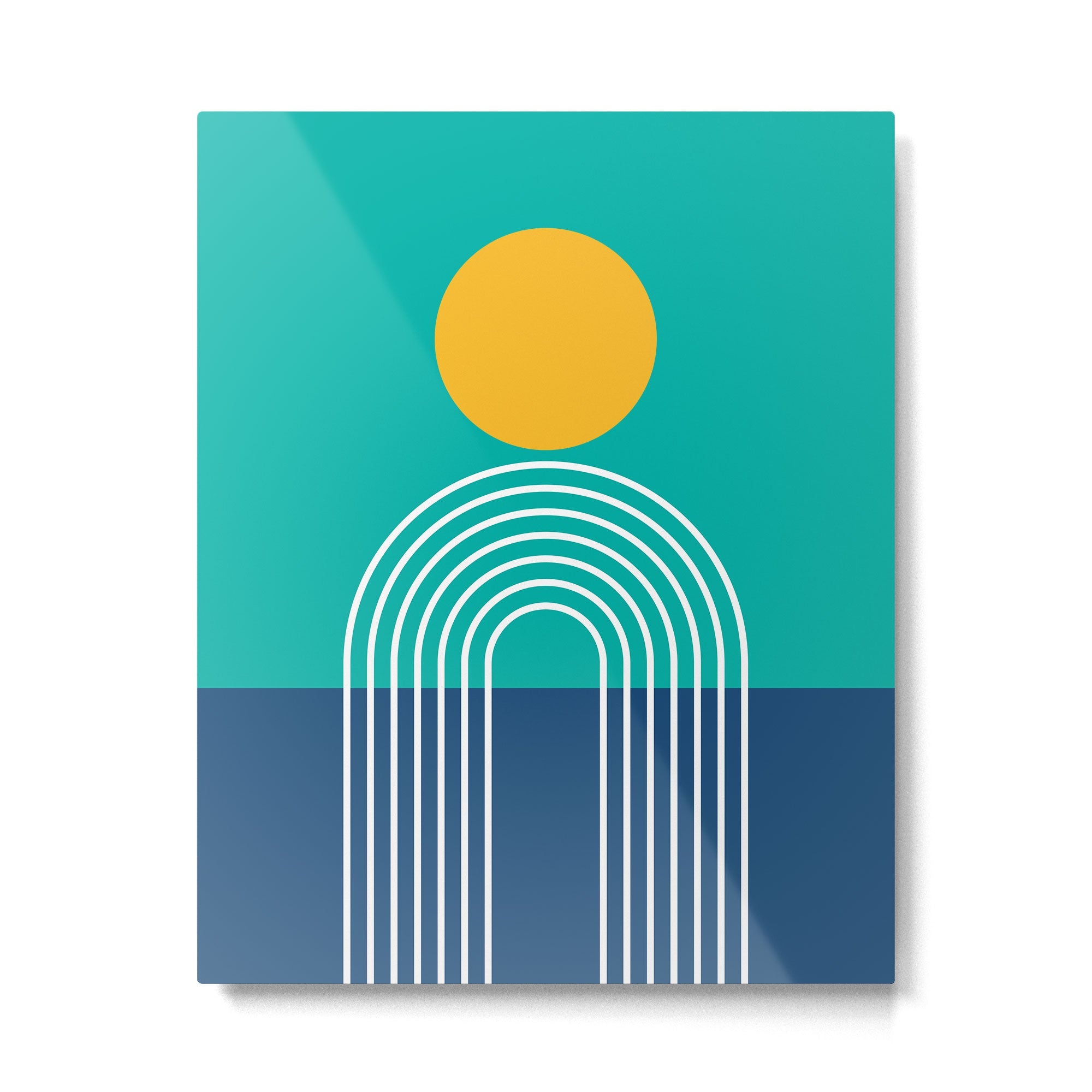 Geometric Lines in Blue Teal Yellow (Sun and Rainbow abstraction) Metal Print | TeksDecor