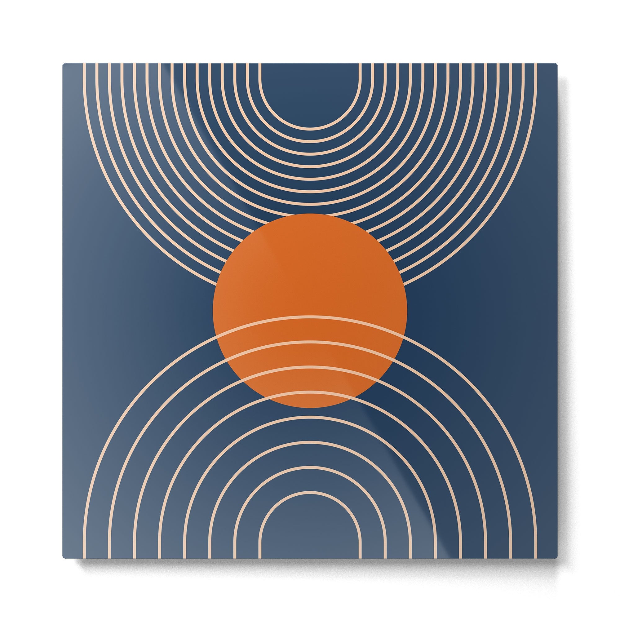 Geometric Lines in Orange and Navy Blue 2 (Sun and Rainbow Abstract) Metal Print | TeksDecor