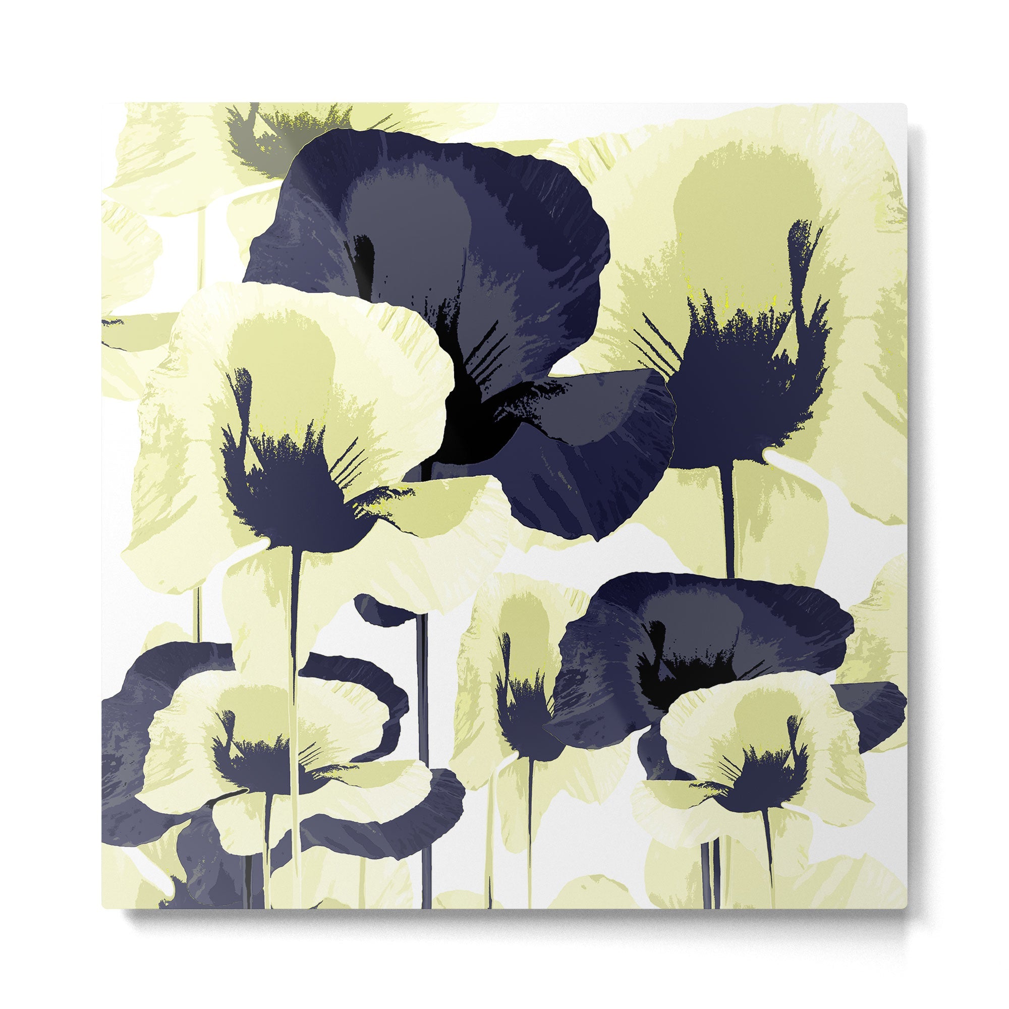 Dark Blue and Light Yellow Poppies On A White Background Fall Mood #decor #society6 #buyart Metal Print | TeksDecor