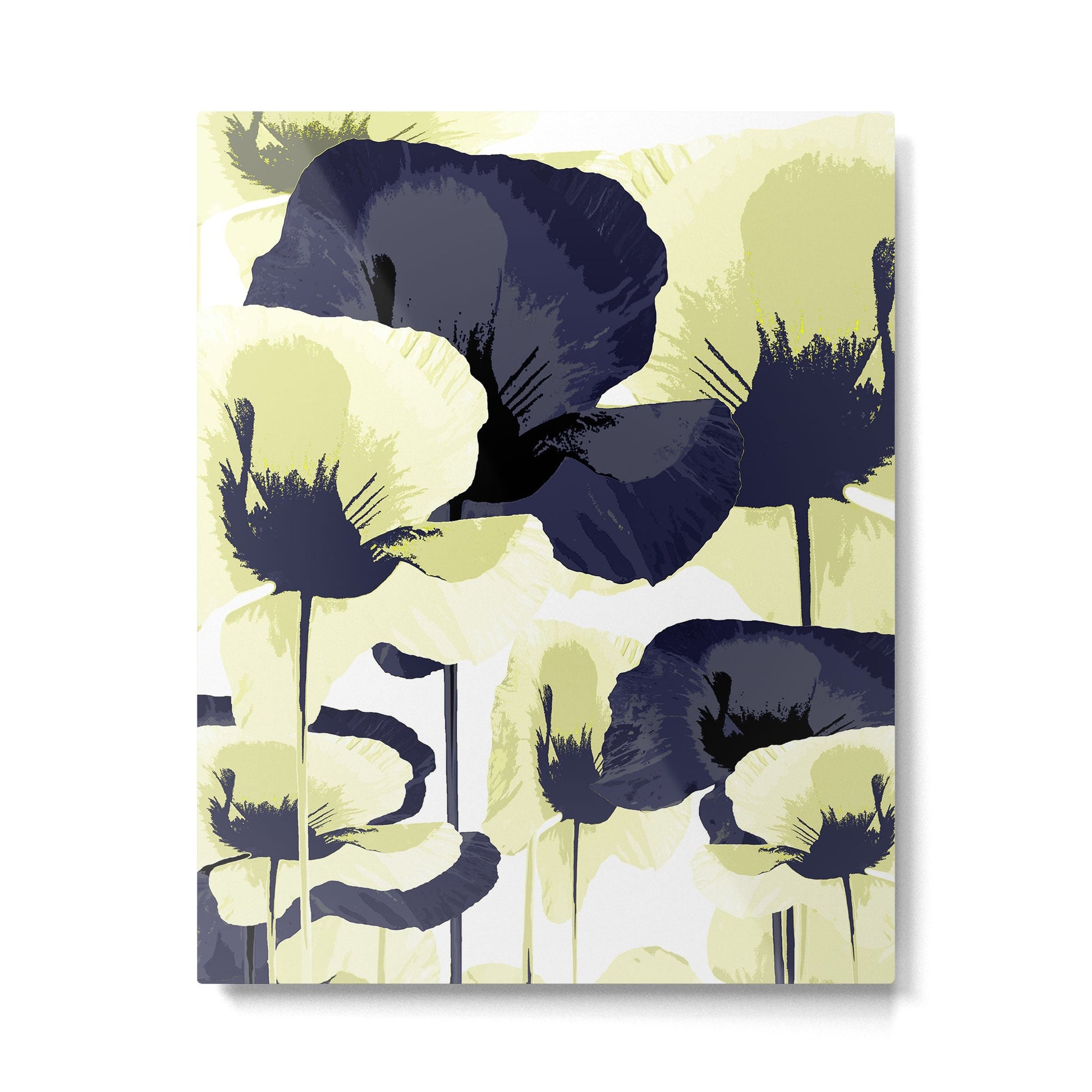 Dark Blue and Light Yellow Poppies On A White Background Fall Mood #decor #society6 #buyart Metal Print | TeksDecor