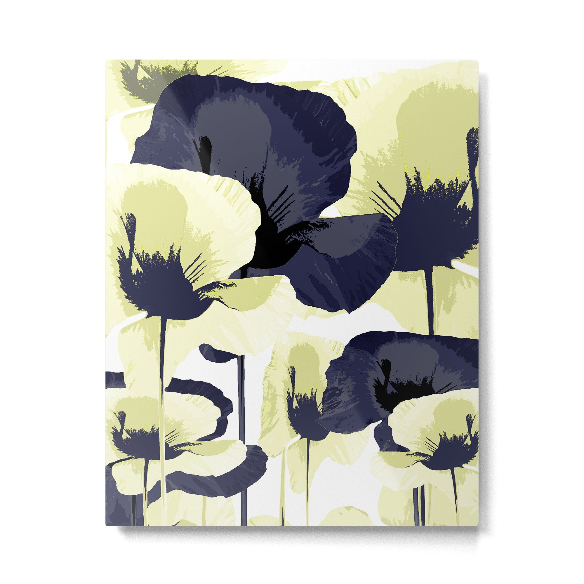 Dark Blue and Light Yellow Poppies On A White Background Fall Mood #decor #society6 #buyart Metal Print | TeksDecor