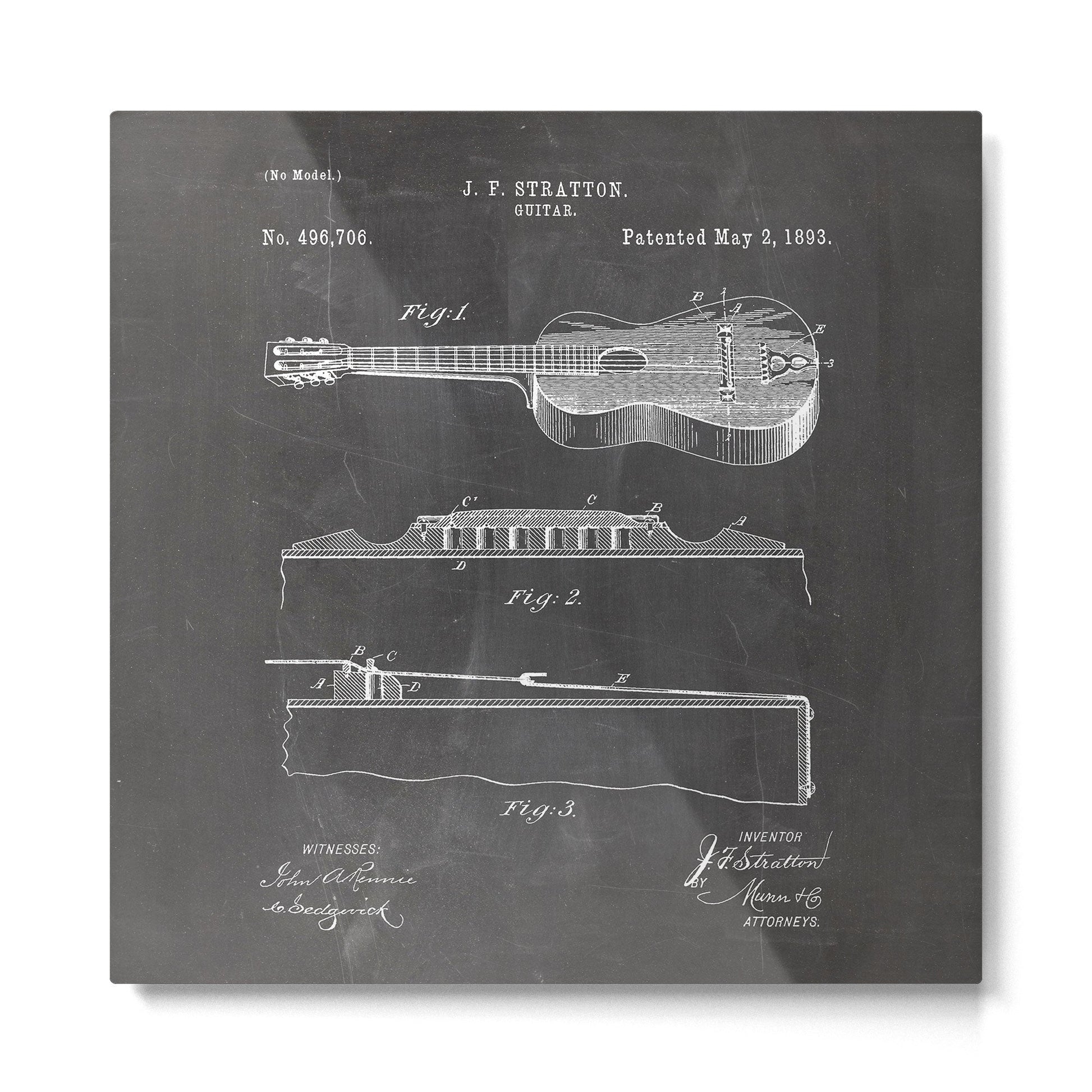 Acoustic Guitar Patent - Guitar Player Music Lover Art - Black Chalkboard Metal Print | TeksDecor