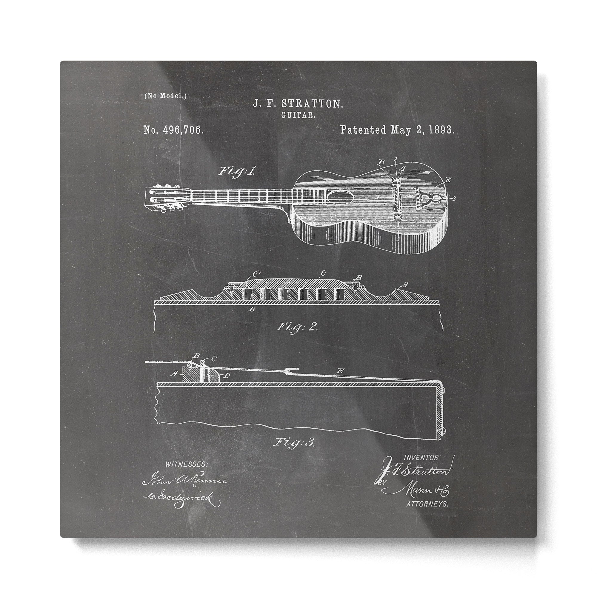 Acoustic Guitar Patent - Guitar Player Music Lover Art - Black Chalkboard Metal Print | TeksDecor