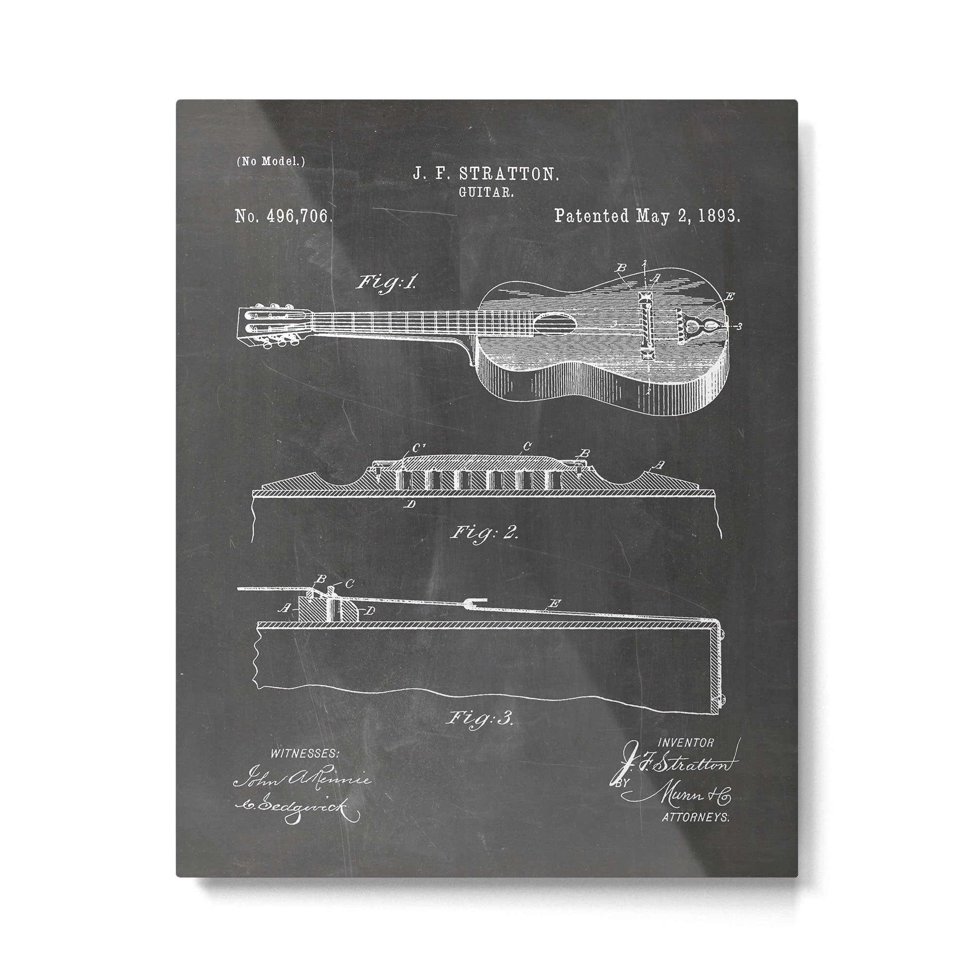Acoustic Guitar Patent - Guitar Player Music Lover Art - Black Chalkboard Metal Print | TeksDecor