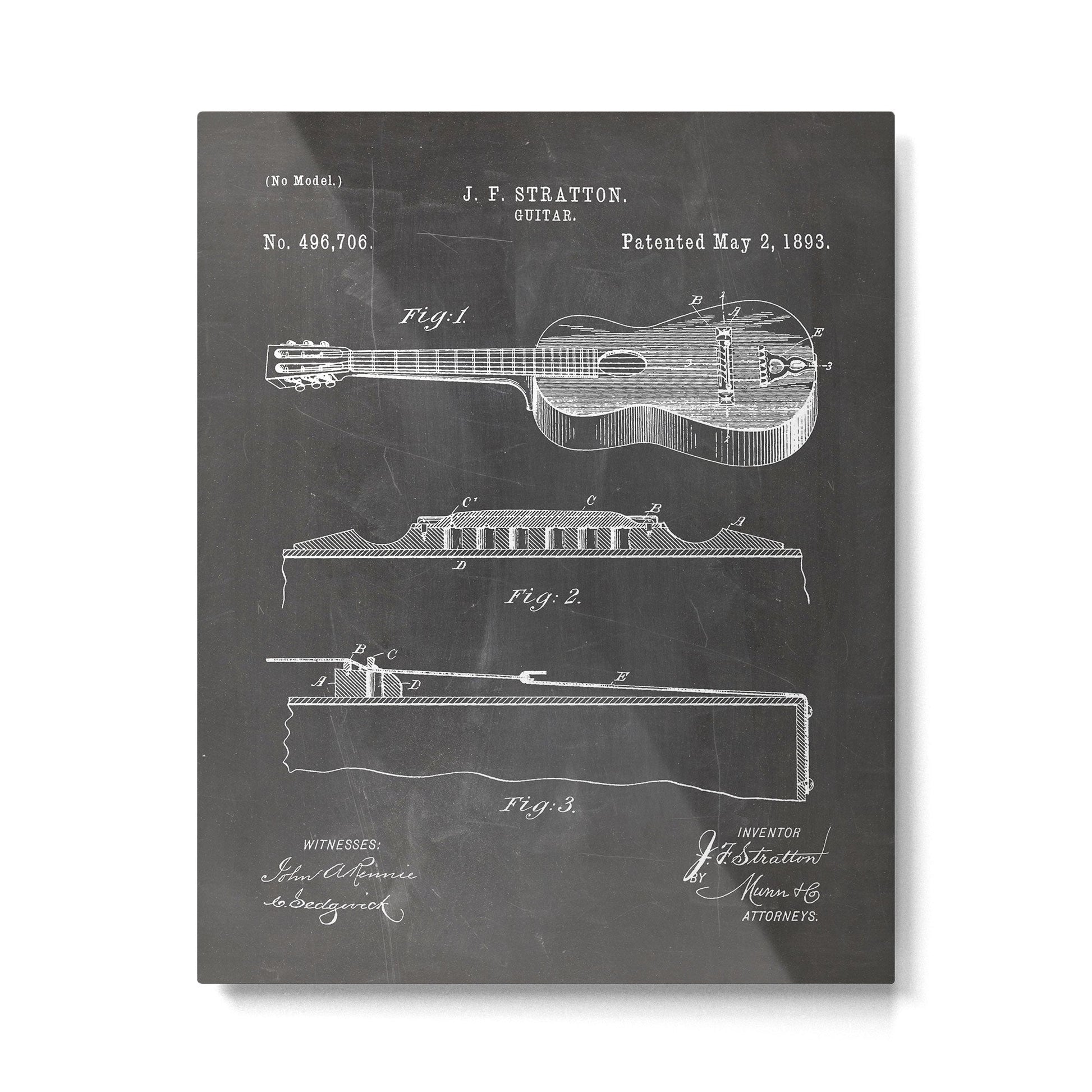 Acoustic Guitar Patent - Guitar Player Music Lover Art - Black Chalkboard Metal Print | TeksDecor