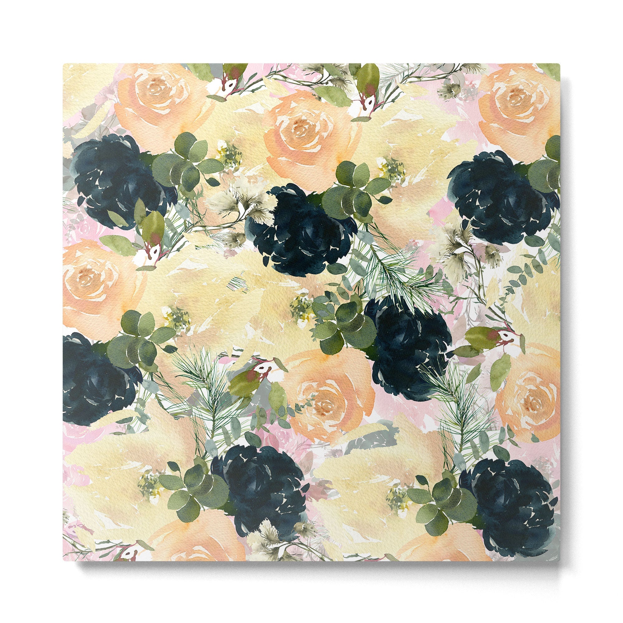 Watercolor navy blue ivory orange pink green floral Metal Print | TeksDecor