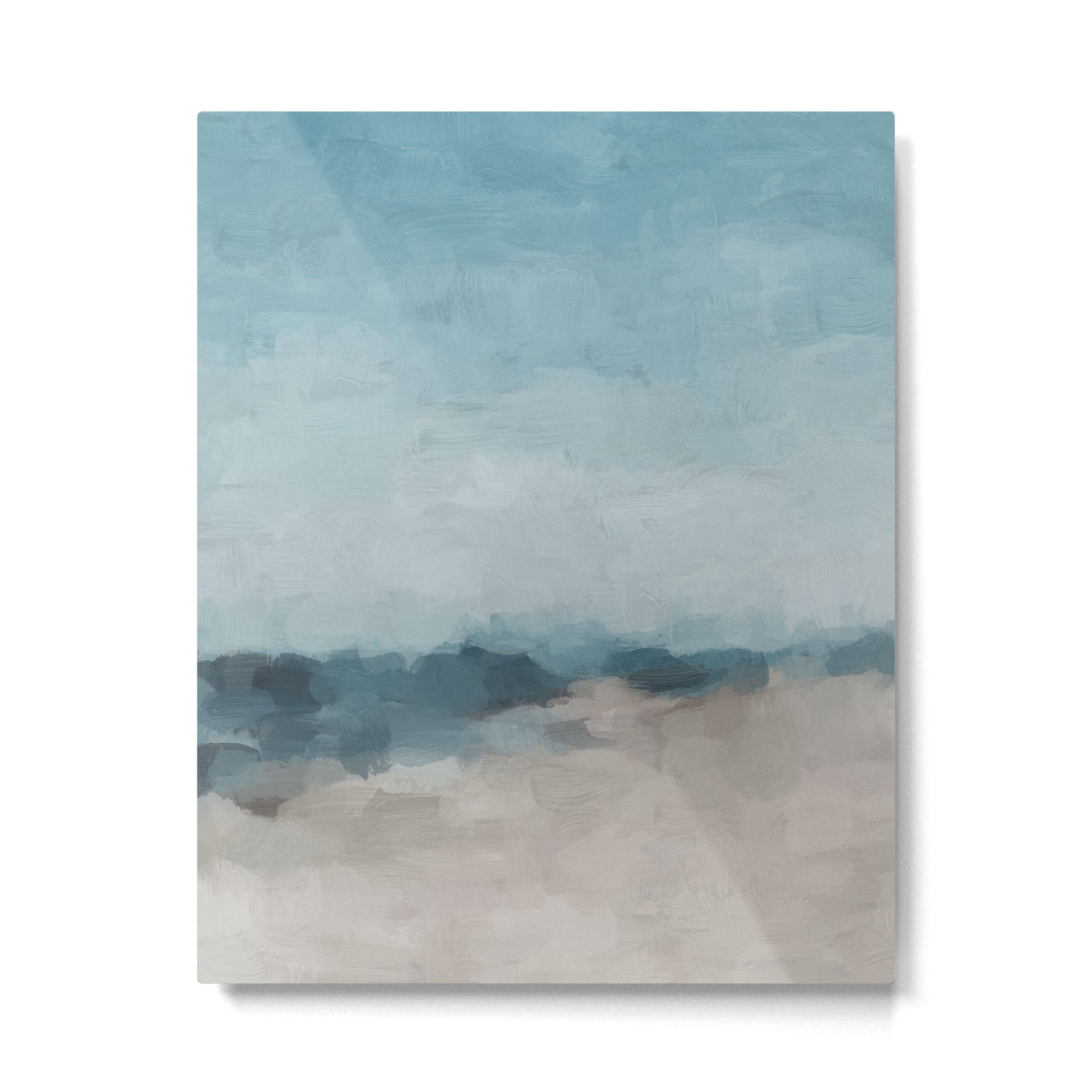 Beach Day I - Navy Ocean Horizon Sandy Sunny Clear Blue Skies Abstract Nature Painting Wall Art Metal Print | TeksDecor