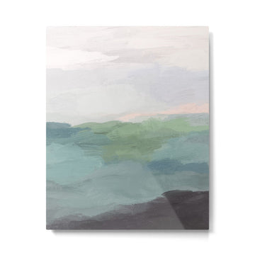Farmland Sunset I - Seafoam Green Mint Black Blush Pink Abstract Nature Land Art Painting Metal Print | TeksDecor