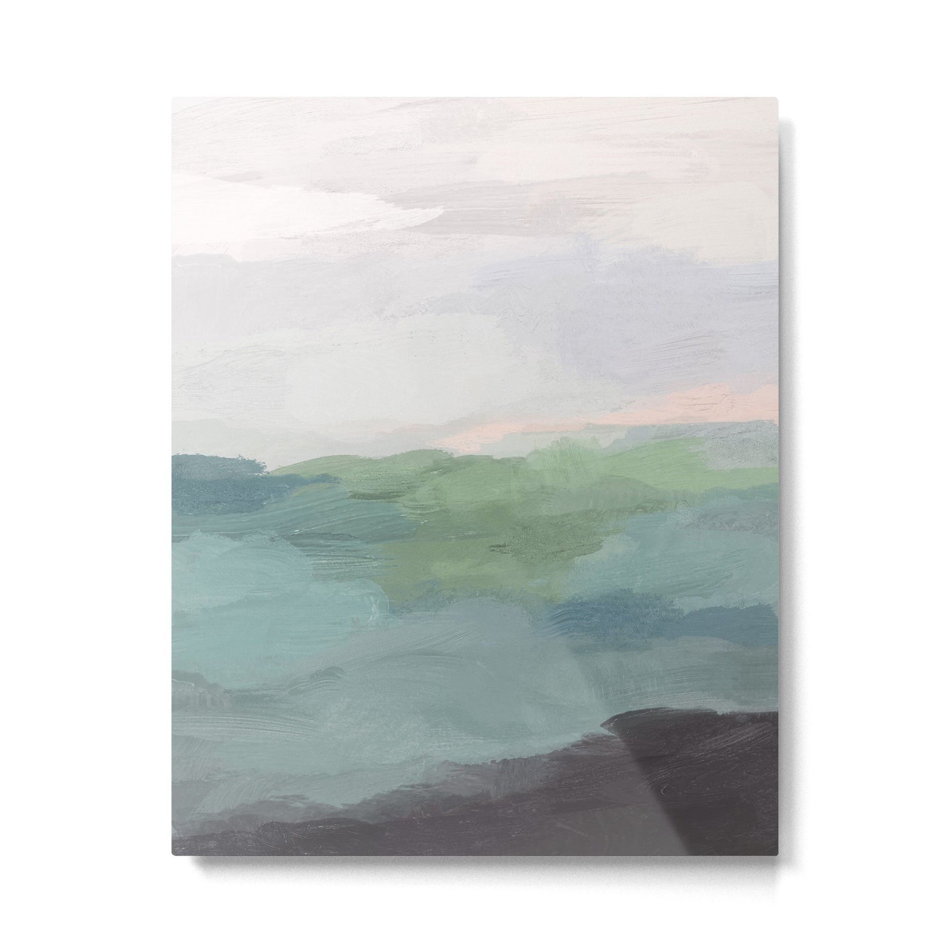 Farmland Sunset I - Seafoam Green Mint Black Blush Pink Abstract Nature Land Art Painting Metal Print | TeksDecor