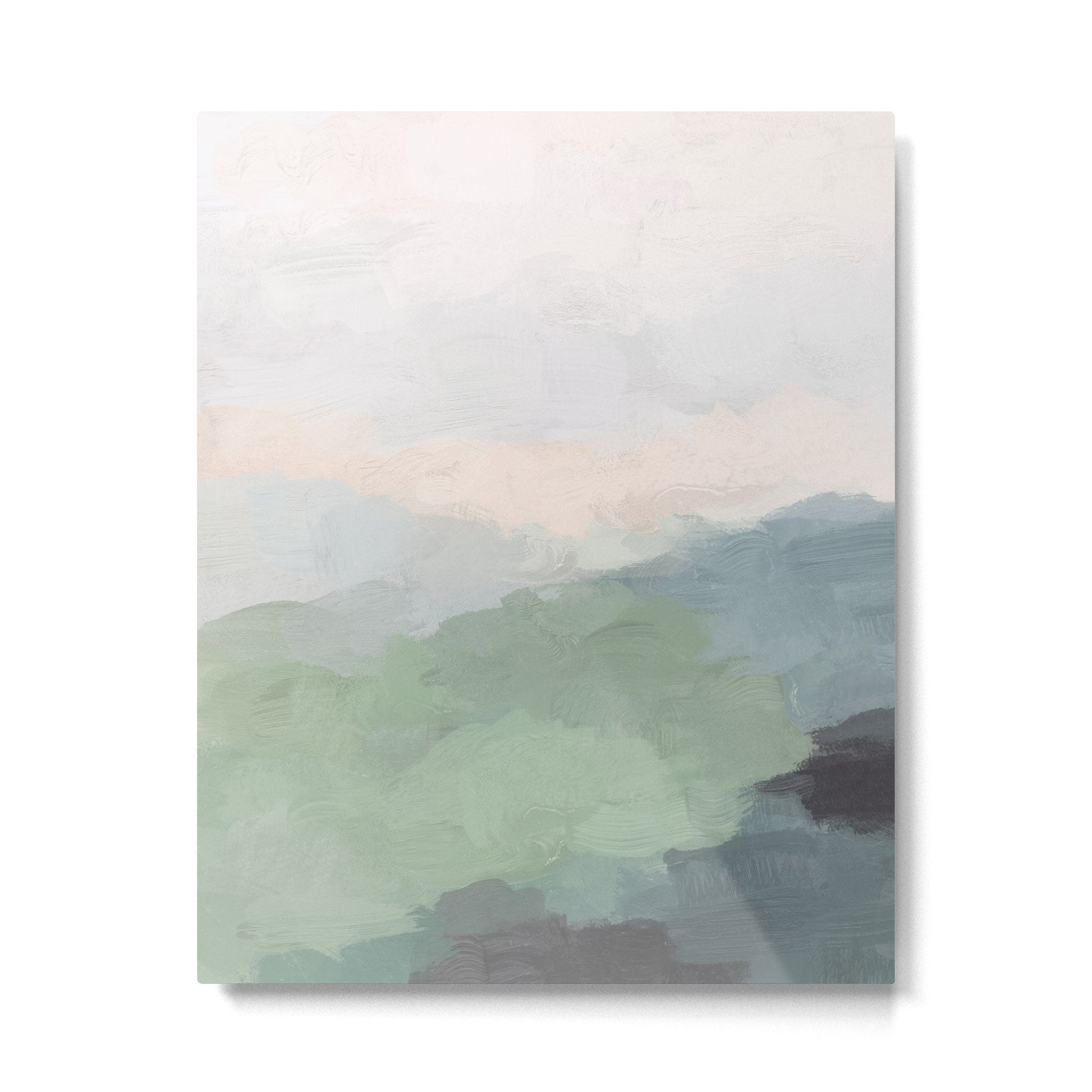 Farmland Sunset III - Seafoam Green Mint Black Blush Pink Abstract Nature Land Art Painting Metal Print | TeksDecor