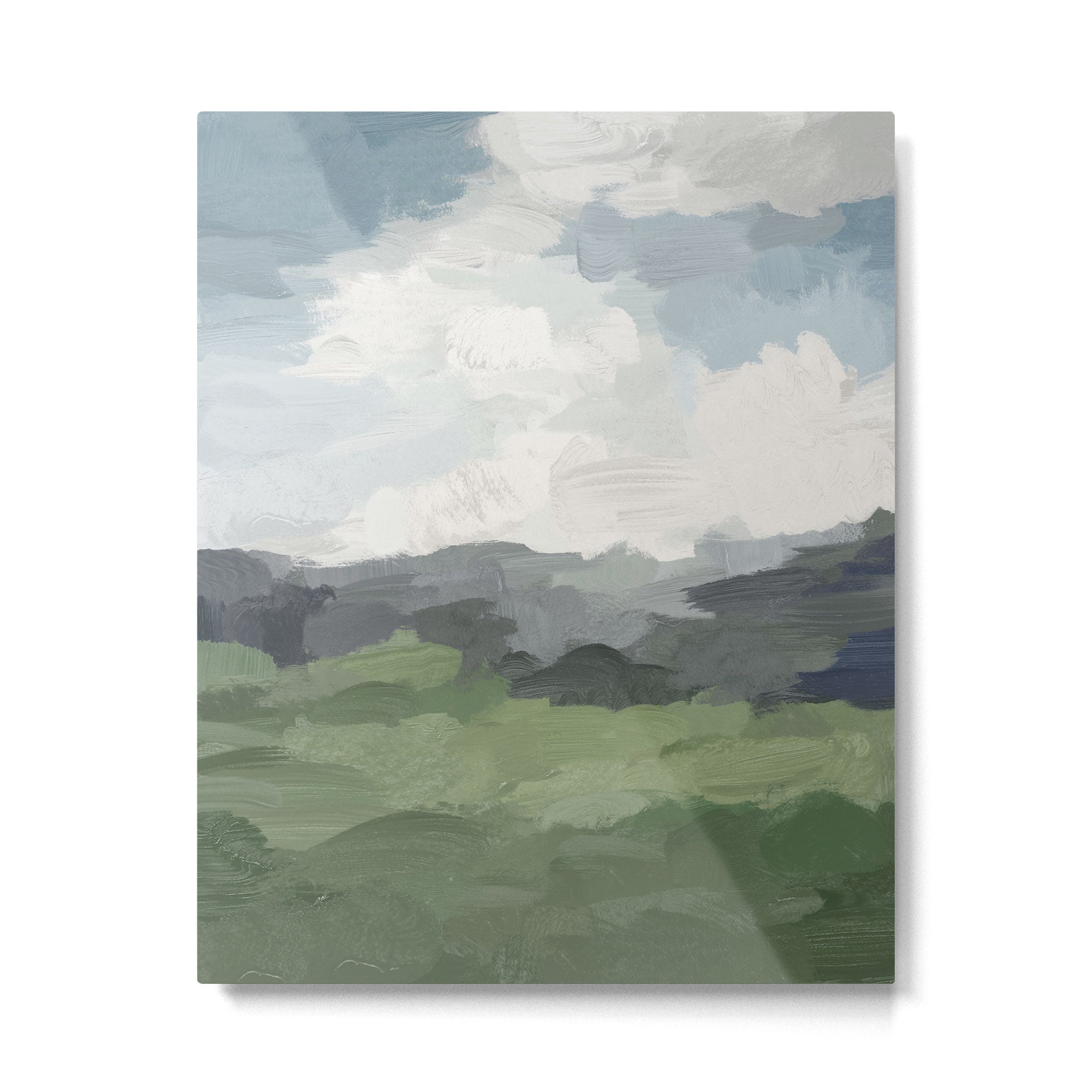 New Beginnings - Sky Blue and Forest Green Rural Country Farm Land Nature Abstract Painting Art Metal Print | TeksDecor