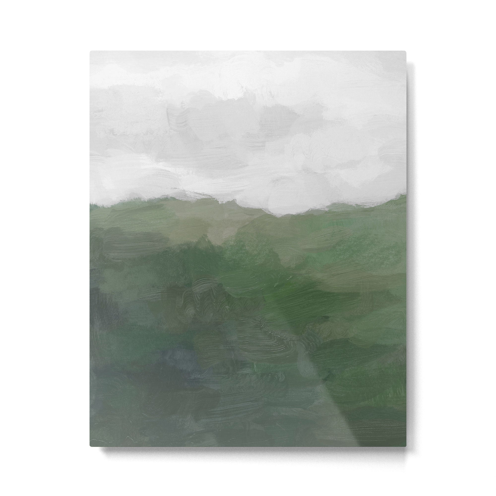 Valleys Beyond - Green Grass Hills Nature Pasture Gray Sky Clouds Abstract Nature Farmhouse Painting Metal Print | TeksDecor