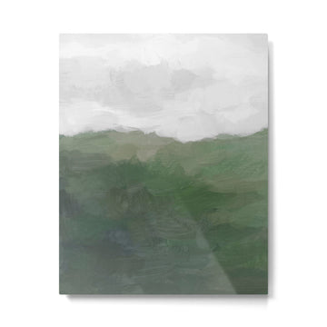 Valleys Beyond - Green Grass Hills Nature Pasture Gray Sky Clouds Abstract Nature Farmhouse Painting Metal Print | TeksDecor