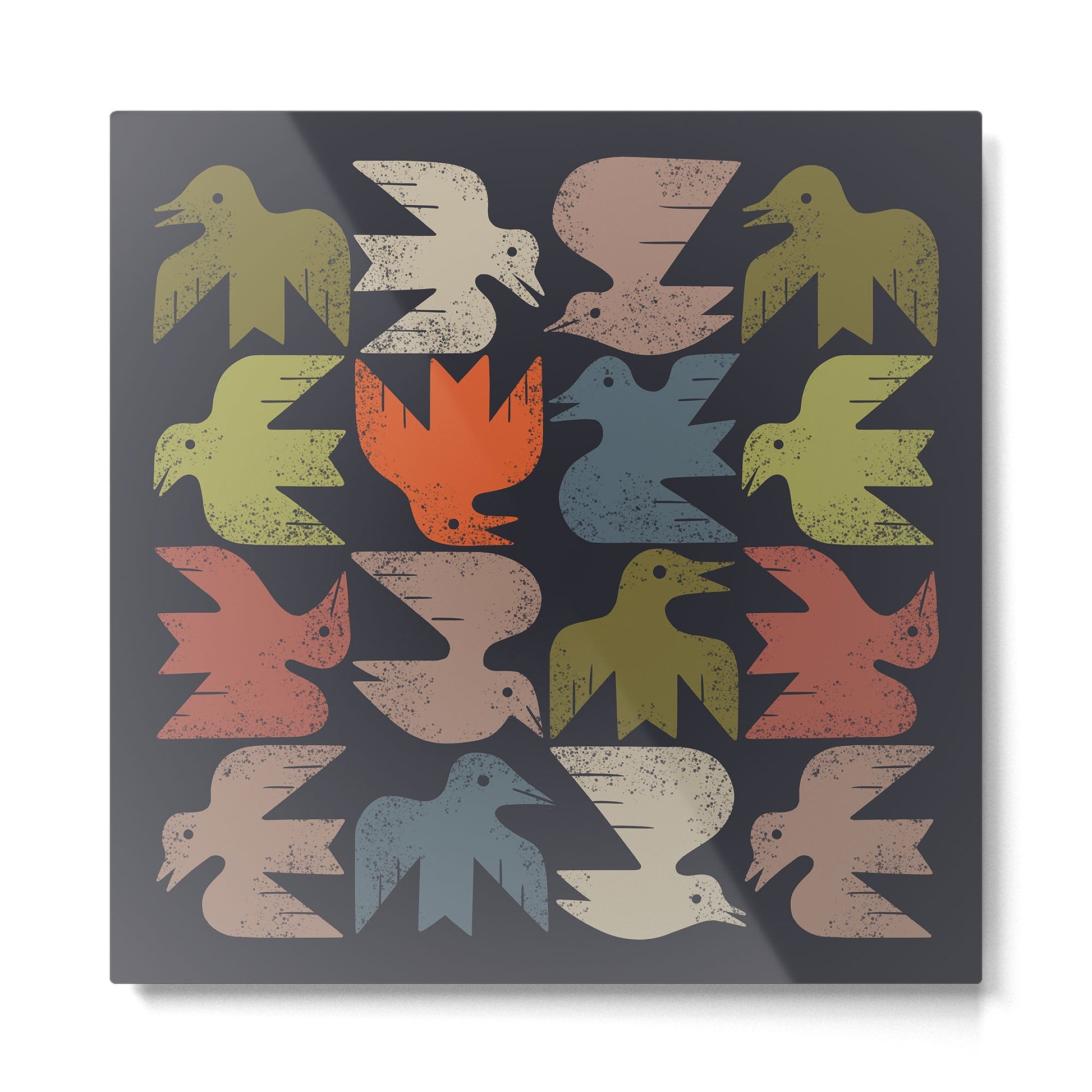 Midcentury Bird Grid (Charcoal) Metal Print | TeksDecor