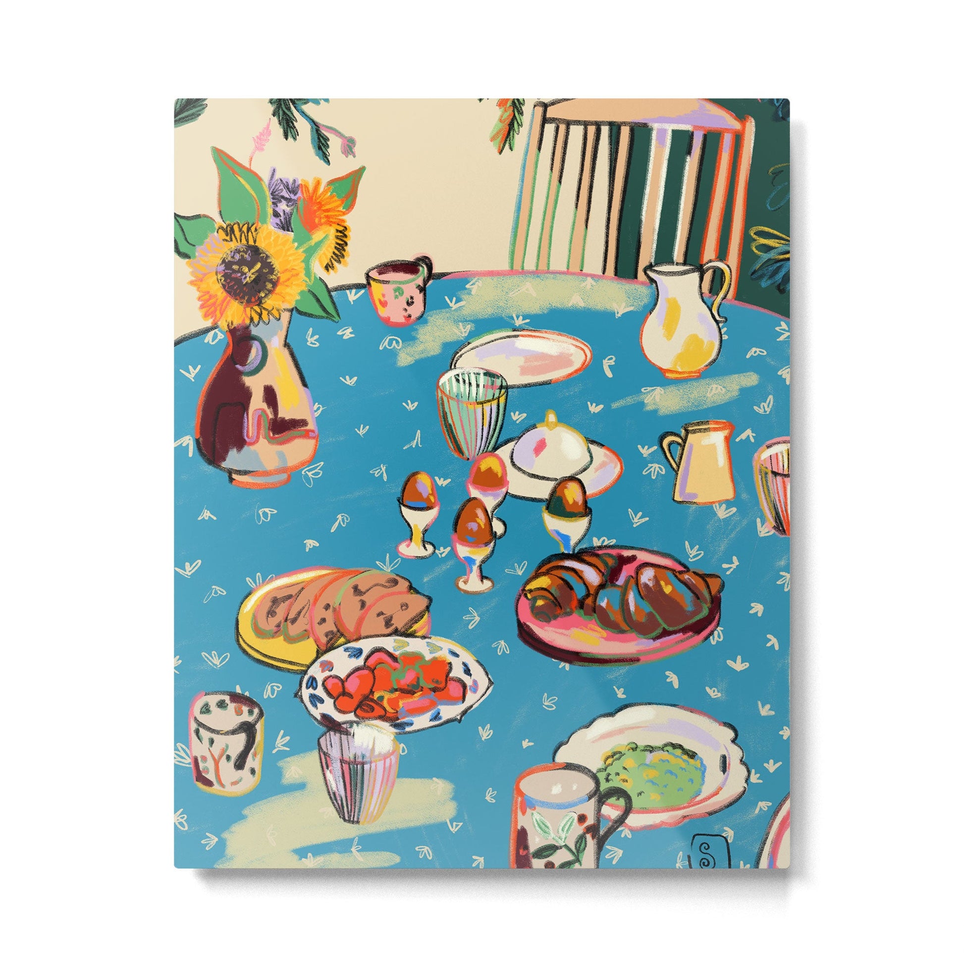 BREAKFAST IN THE GARDEN WITH SUNFLOWERS AND CROISSANTS Metal Print | TeksDecor