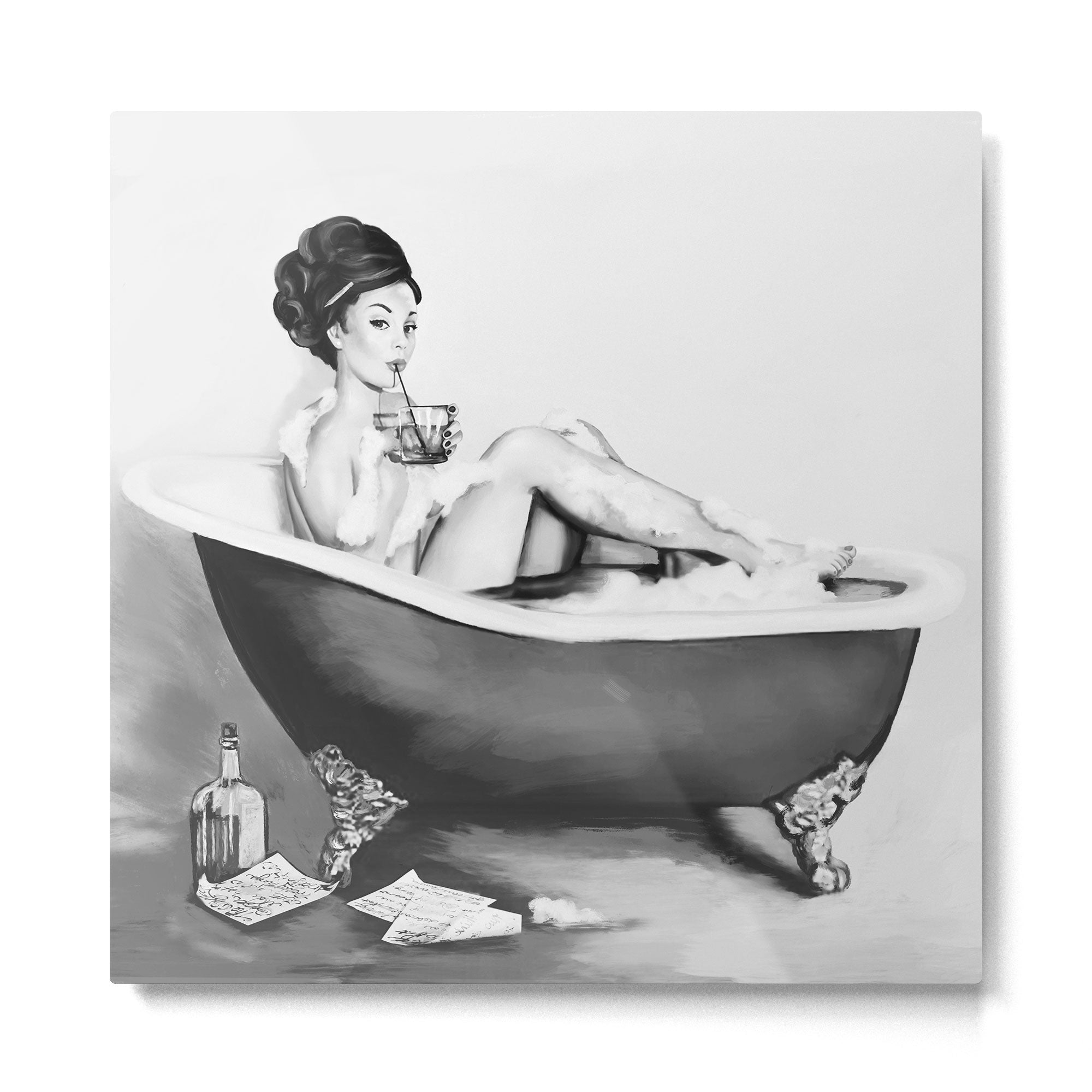Cocktails In The Bath: Black & White Version Metal Print | TeksDecor