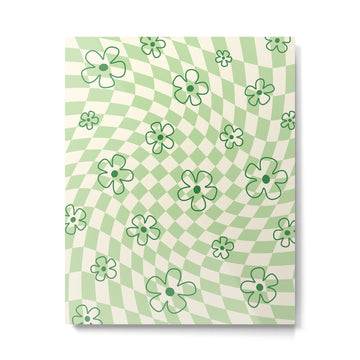 Green Checker Swirl With Flowers Metal Print | TeksDecor
