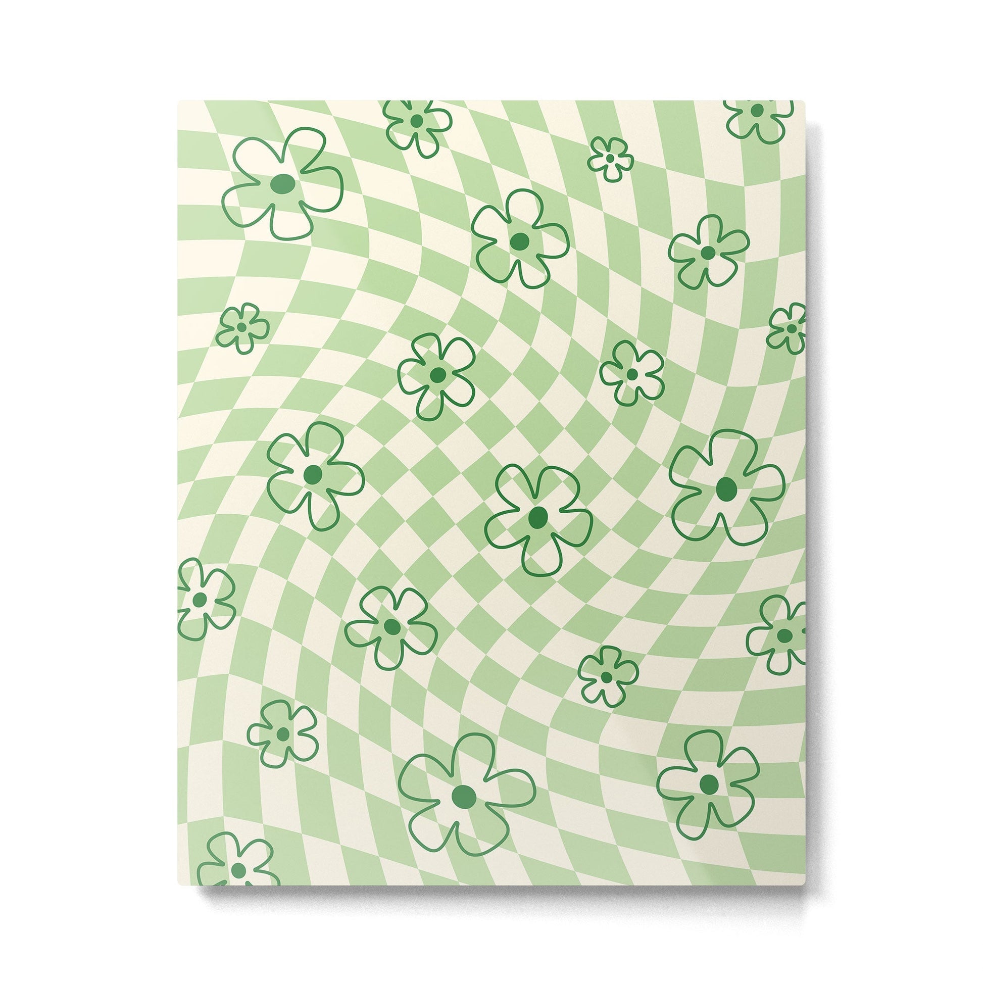 Green Checker Swirl With Flowers Metal Print | TeksDecor