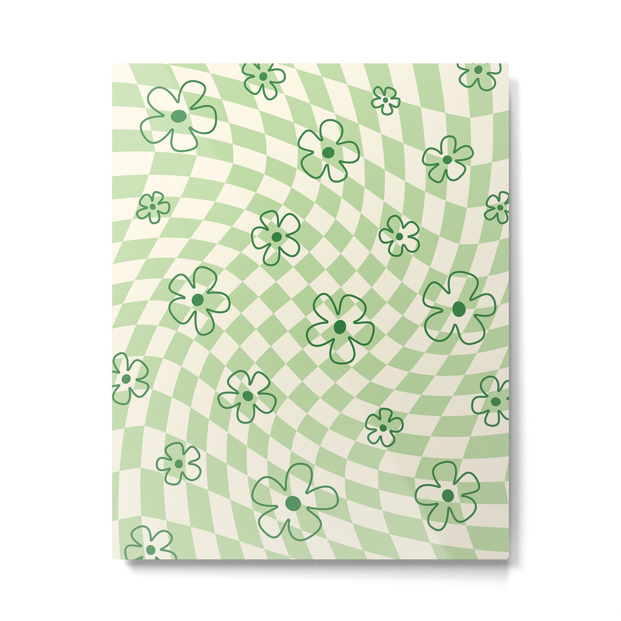 Green Checker Swirl With Flowers Metal Print | TeksDecor