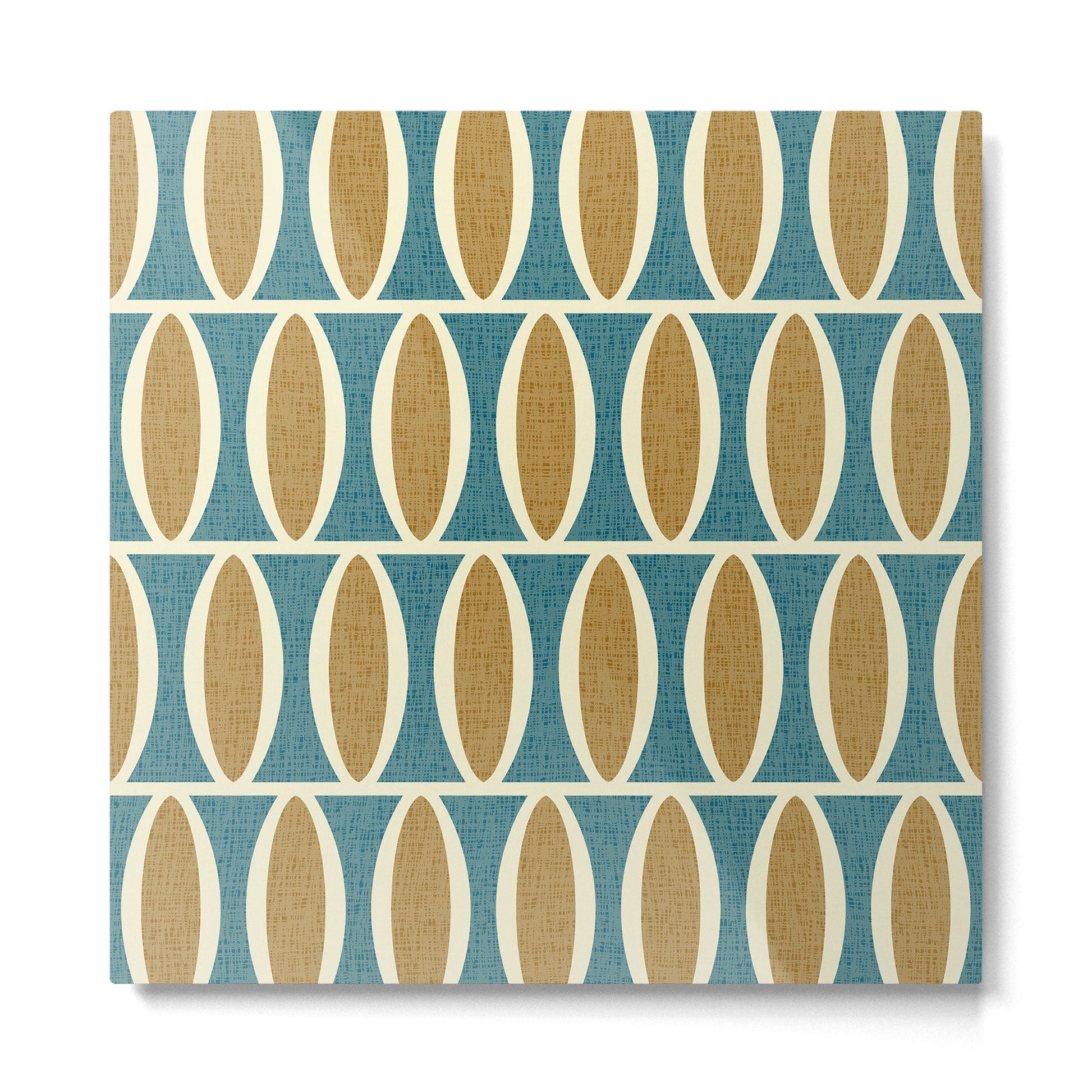 Mid Century Modern Geometric Oval Pattern 227 Blue Gold and Beige Metal Print | TeksDecor