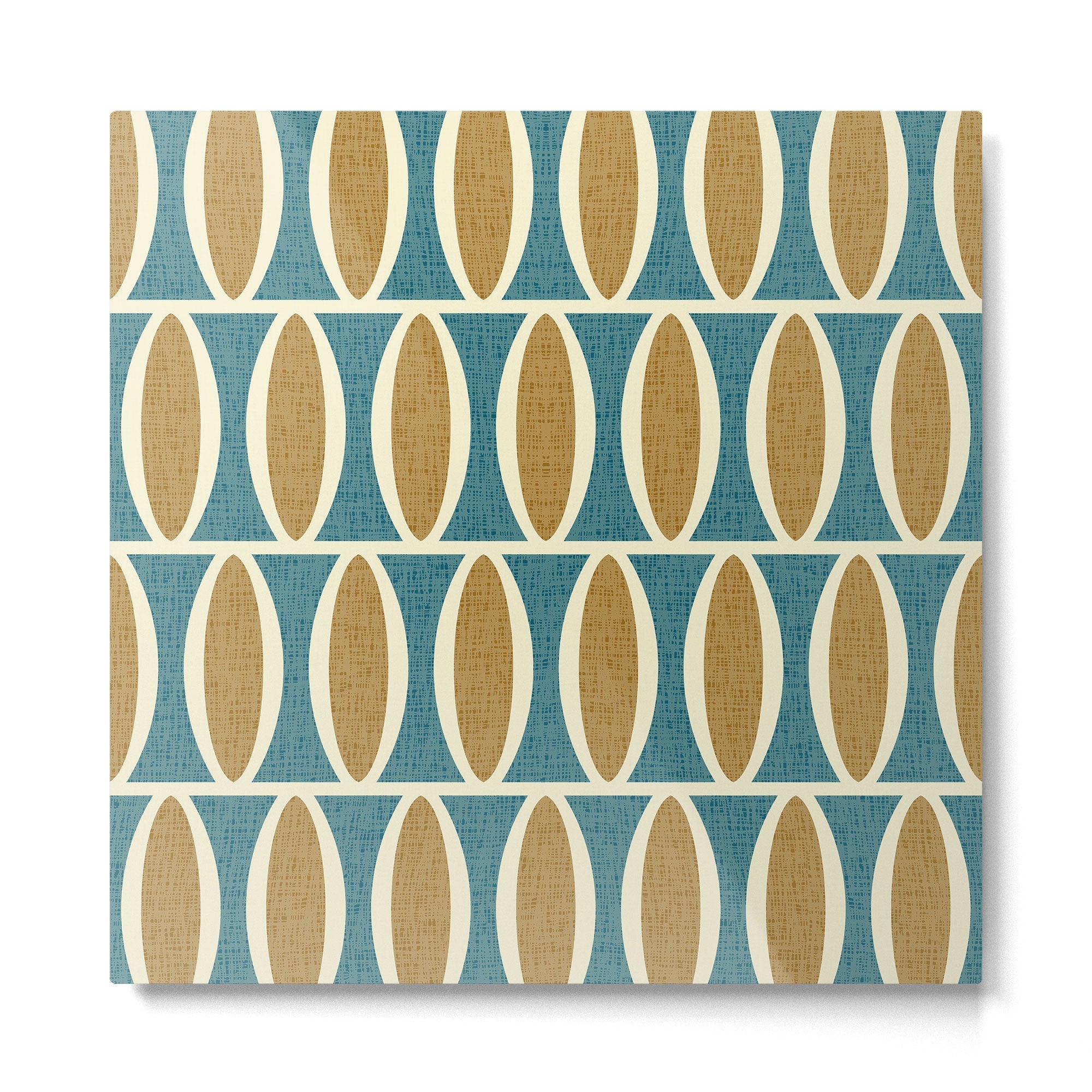 Mid Century Modern Geometric Oval Pattern 227 Blue Gold and Beige Metal Print | TeksDecor