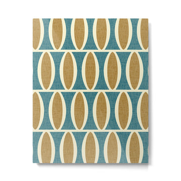 Mid Century Modern Geometric Oval Pattern 227 Blue Gold and Beige Metal Print | TeksDecor