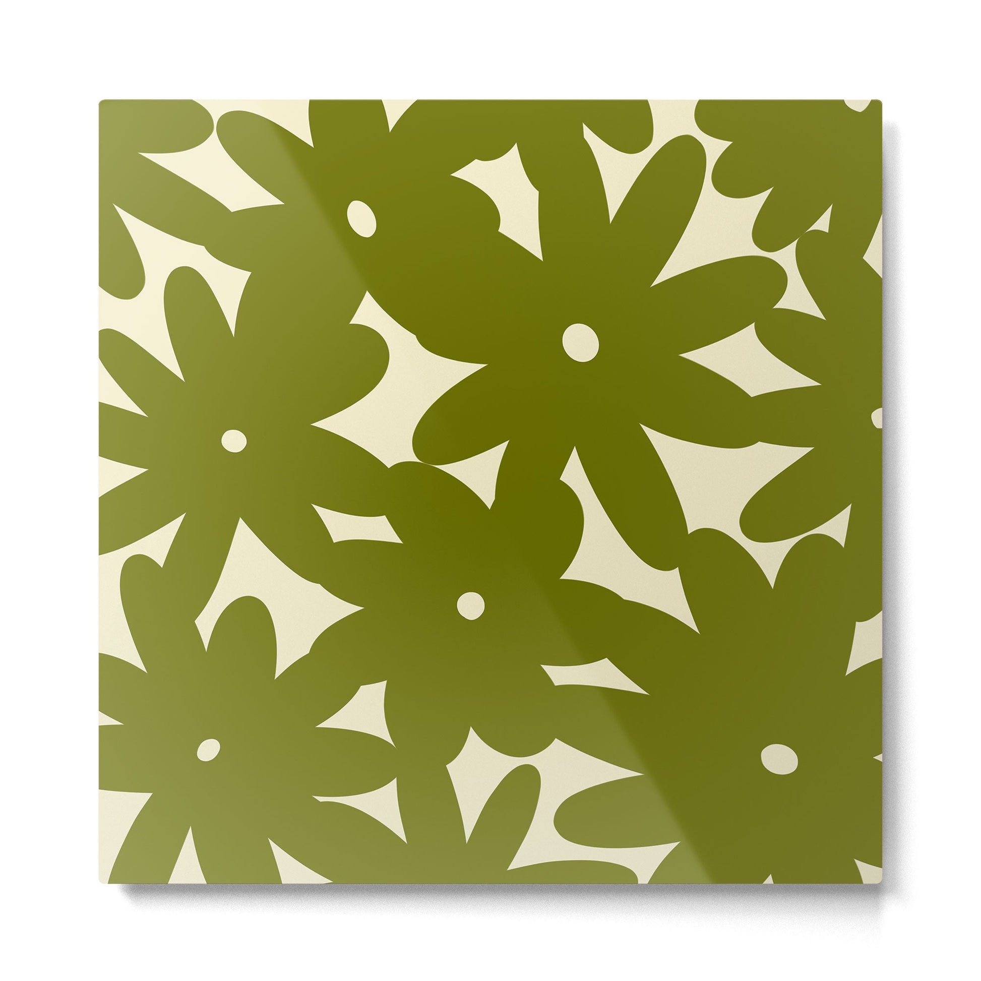 Retro 70s Bold Flowers Pattern Green Metal Print | TeksDecor