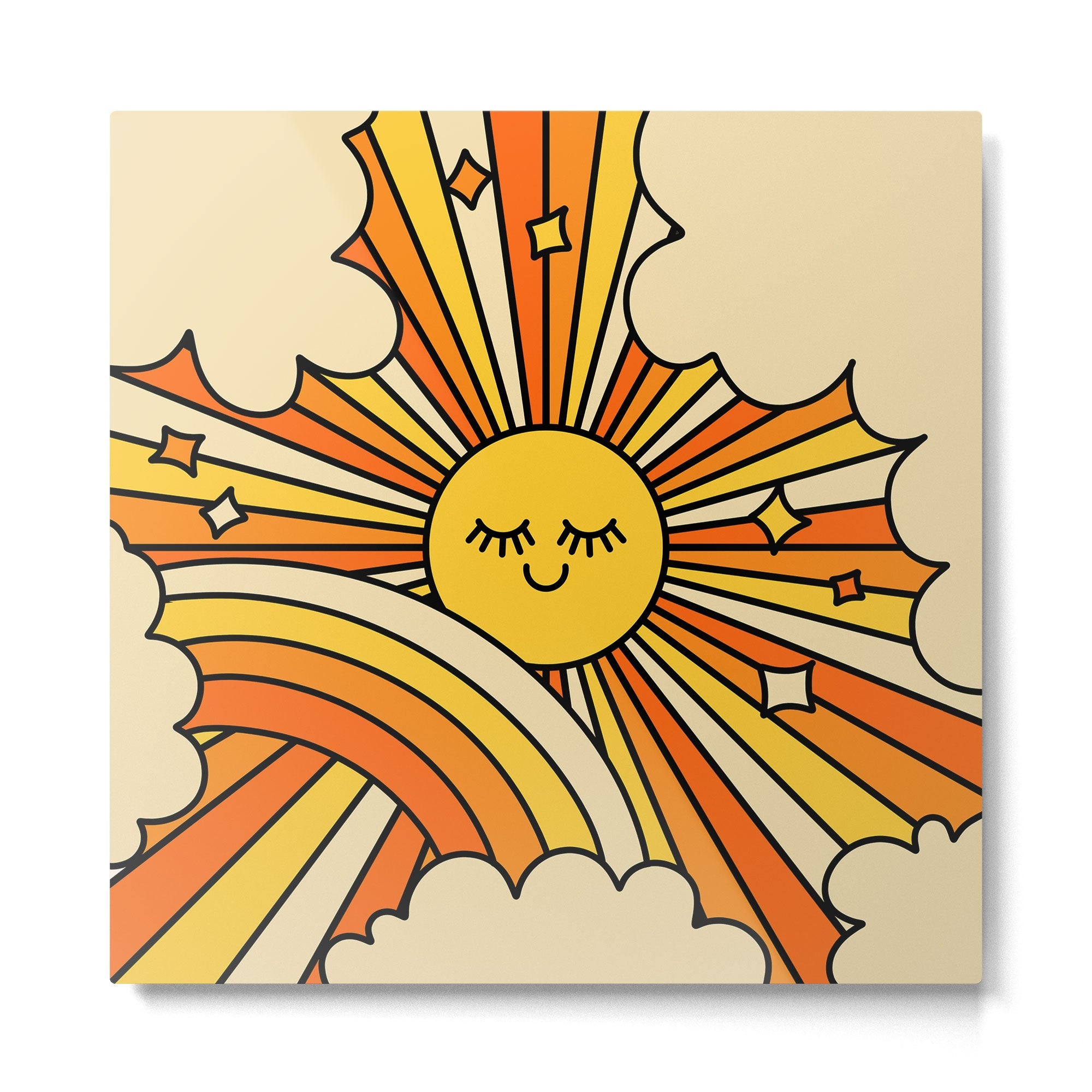 The Happiest Sun Retro Groovy 70s Orange Yellow Metal Print | TeksDecor