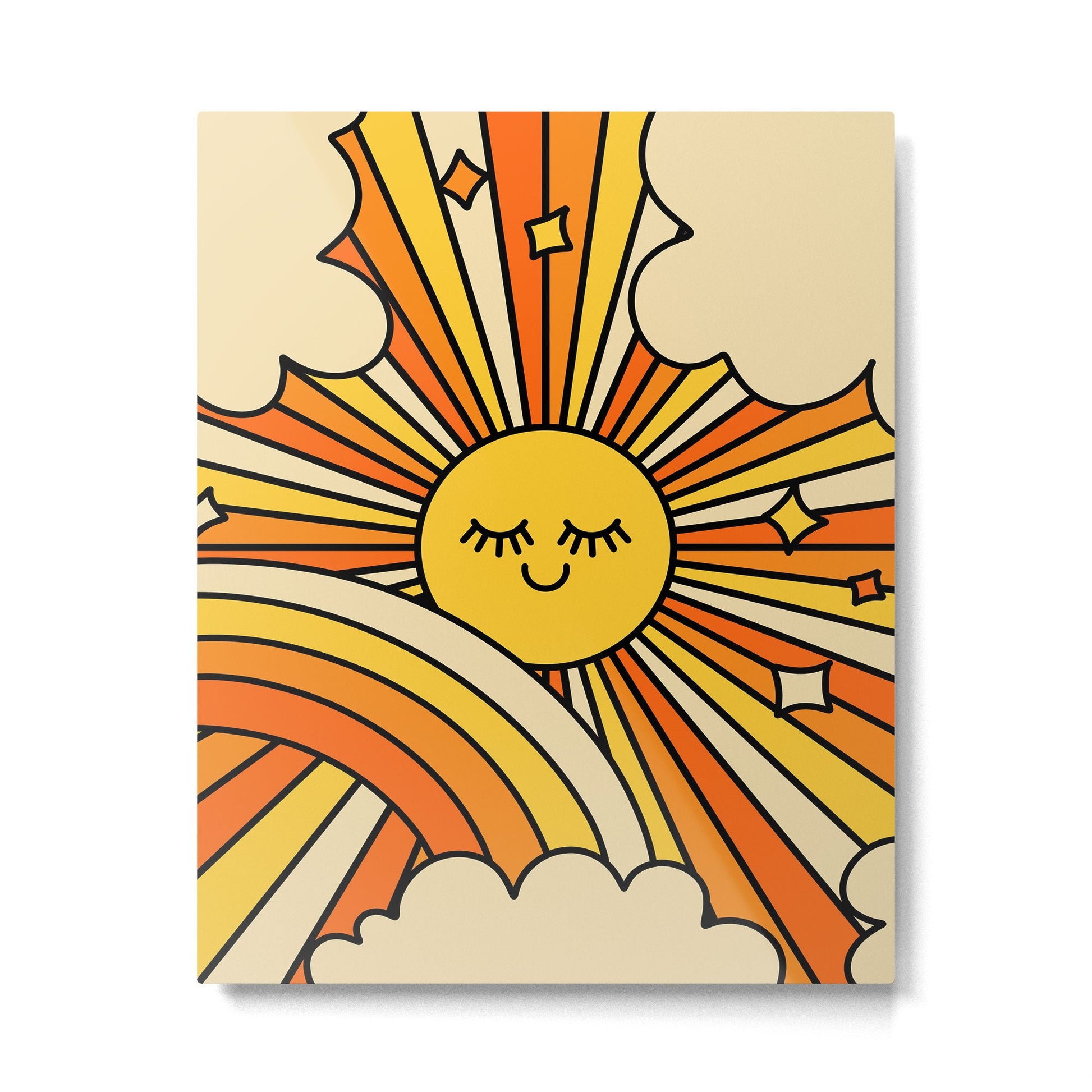 The Happiest Sun Retro Groovy 70s Orange Yellow Metal Print | TeksDecor