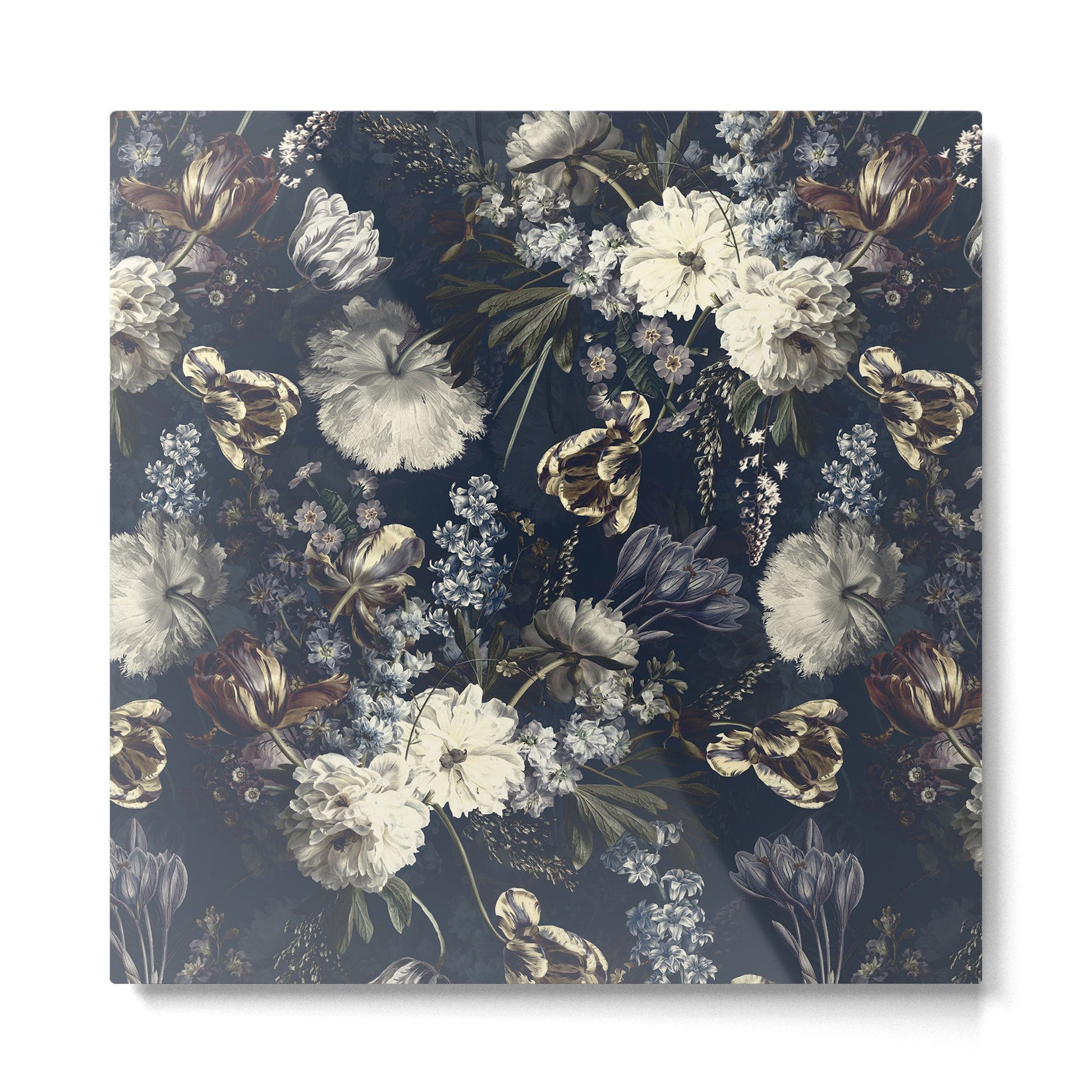 Antique Blue Moonlight Midnight Baroque Flower Garden Metal Print | TeksDecor